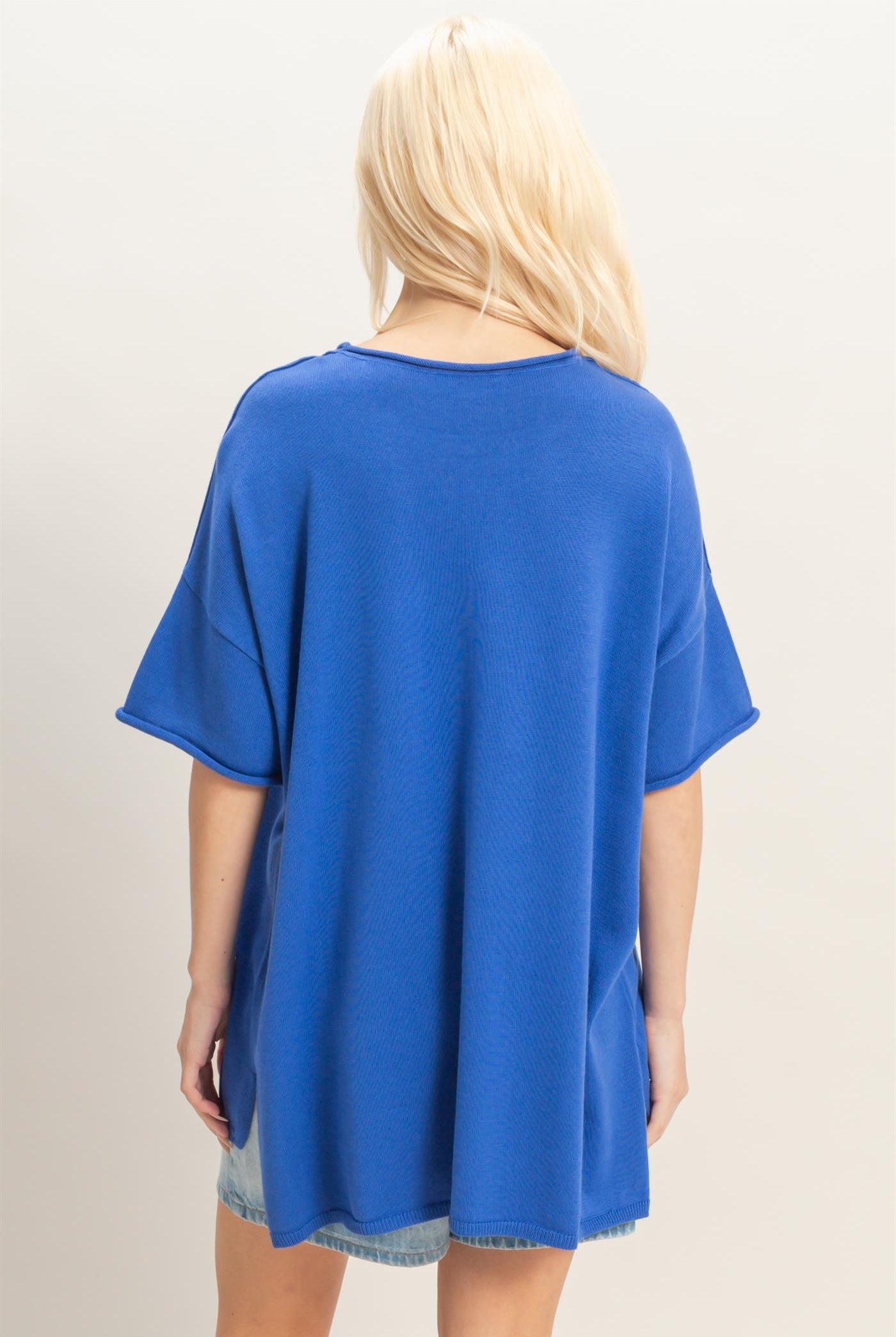 Wholesale Oversized Short Sleeve Round Neck Pocket Knit Top Clothing Tops DZ26A691 COBALT DOUBLE ZERO