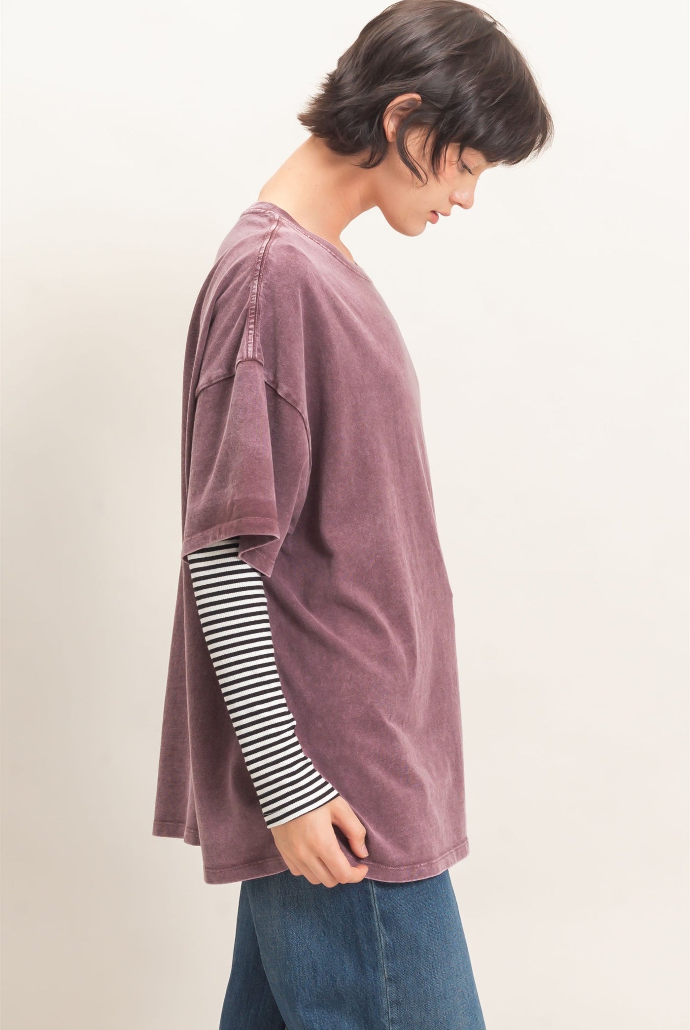 Wholesale Mineral Wash Oversized Crew Neck T-Shirts Clothing Tops DZ26C961 DARK CHERRY DOUBLE ZERO