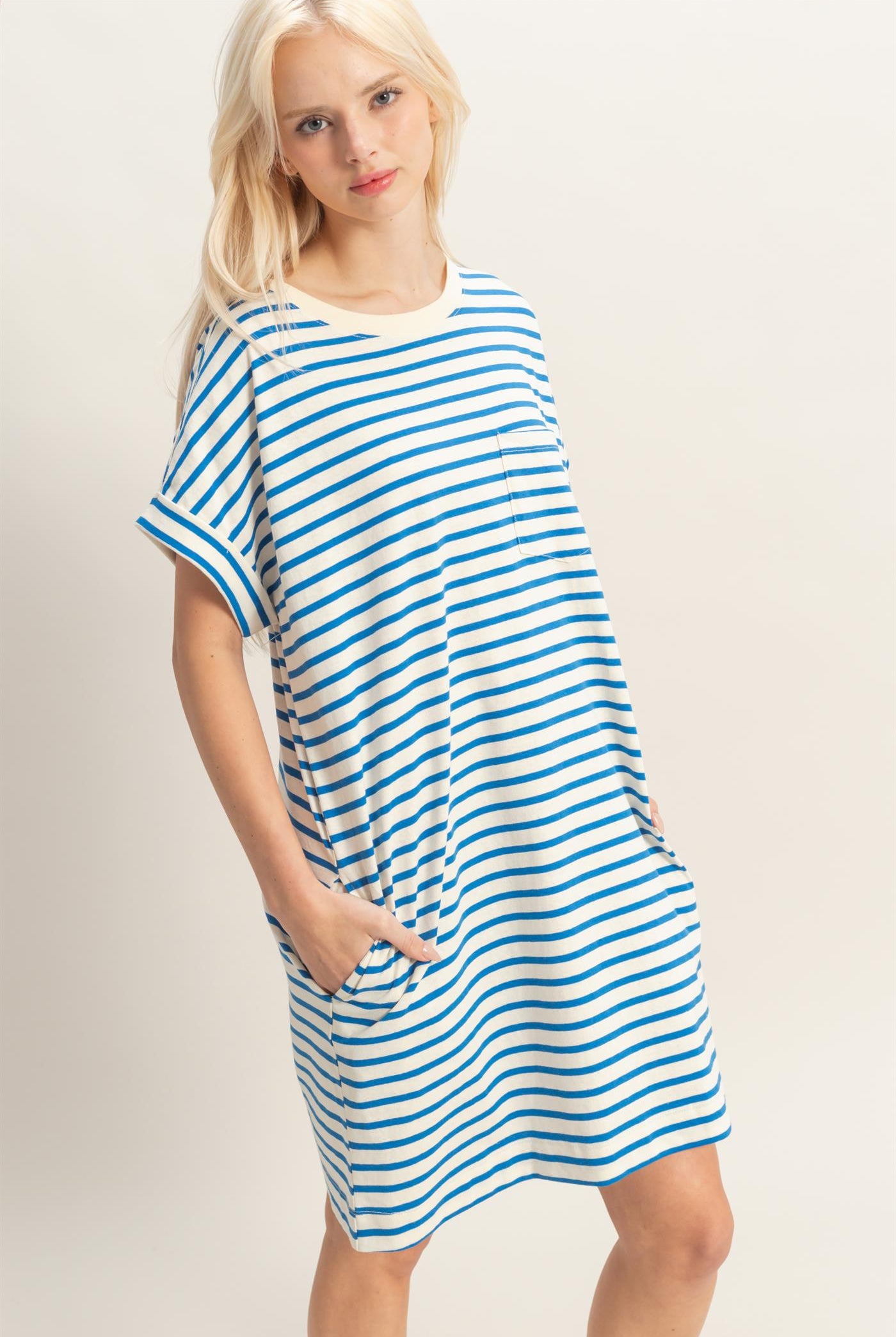 Wholesale Striped T-Shirt Mini Dress Dresses DZ26C067 BLUE DOUBLE ZERO