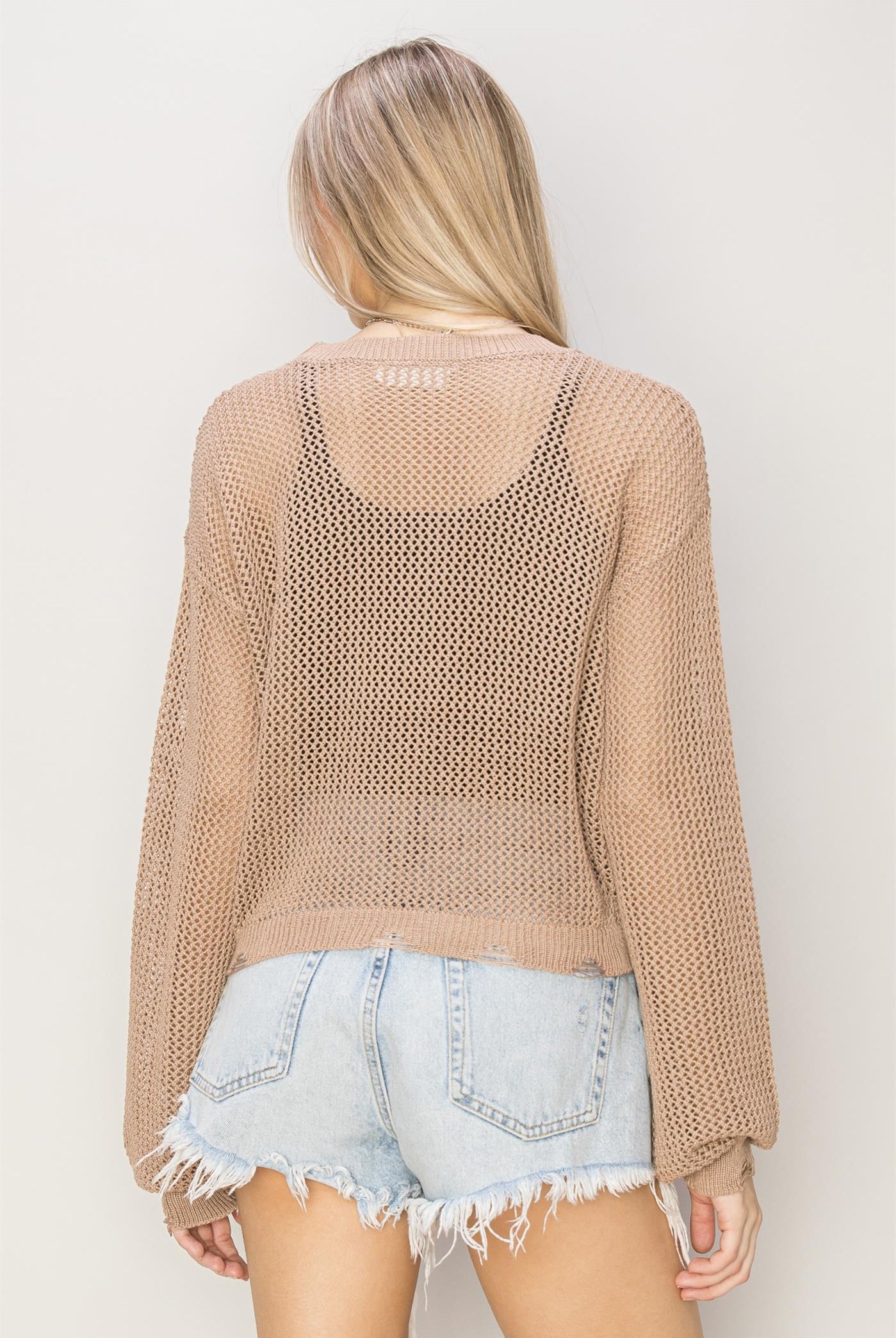 Wholesale Distressed Knit Sweater Clothing Tops DZ24C038 TAN DOUBLE ZERO