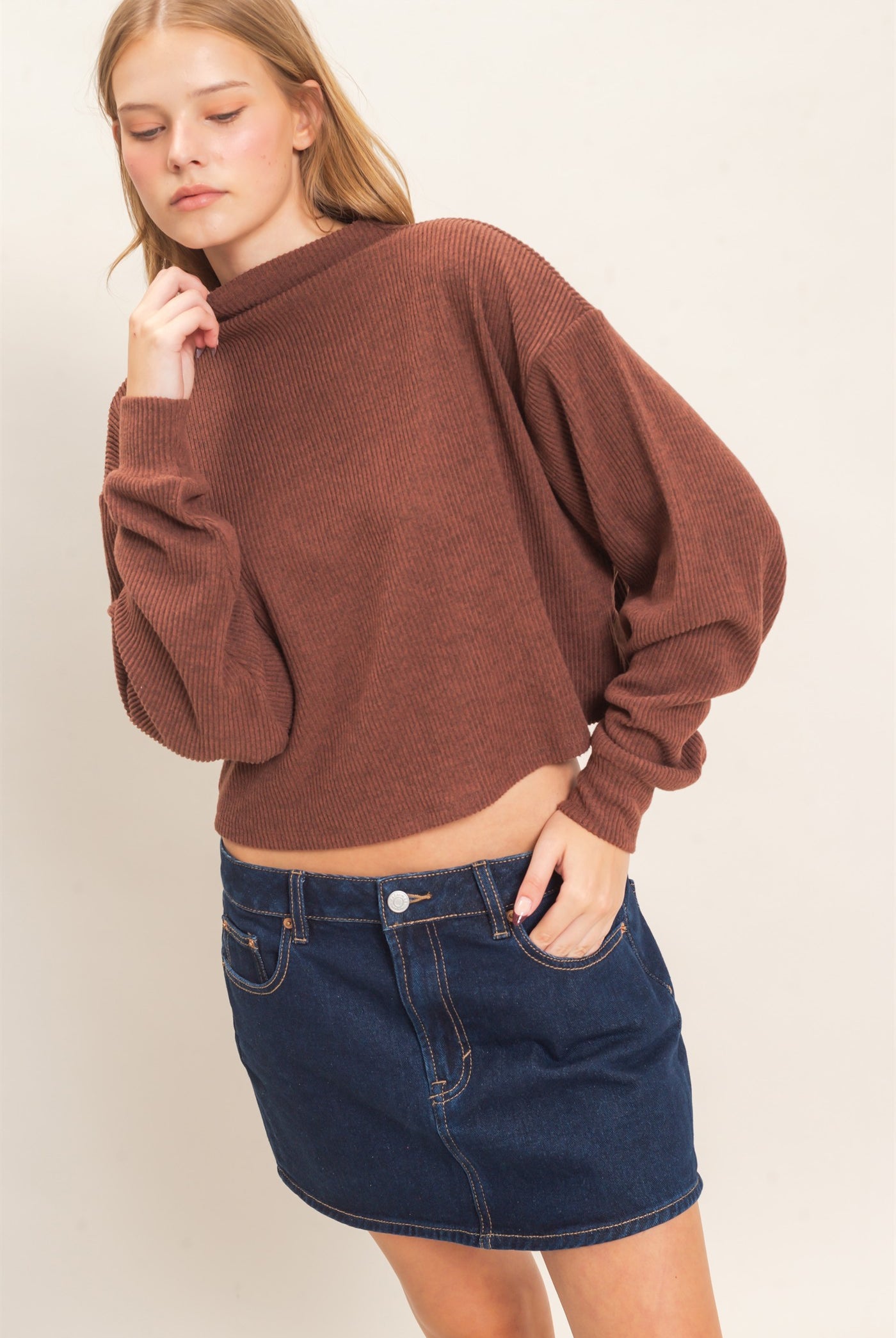 Wholesale Ribbed Mock Neck Top Clothing Tops HF26F030 BROWN HYFVE
