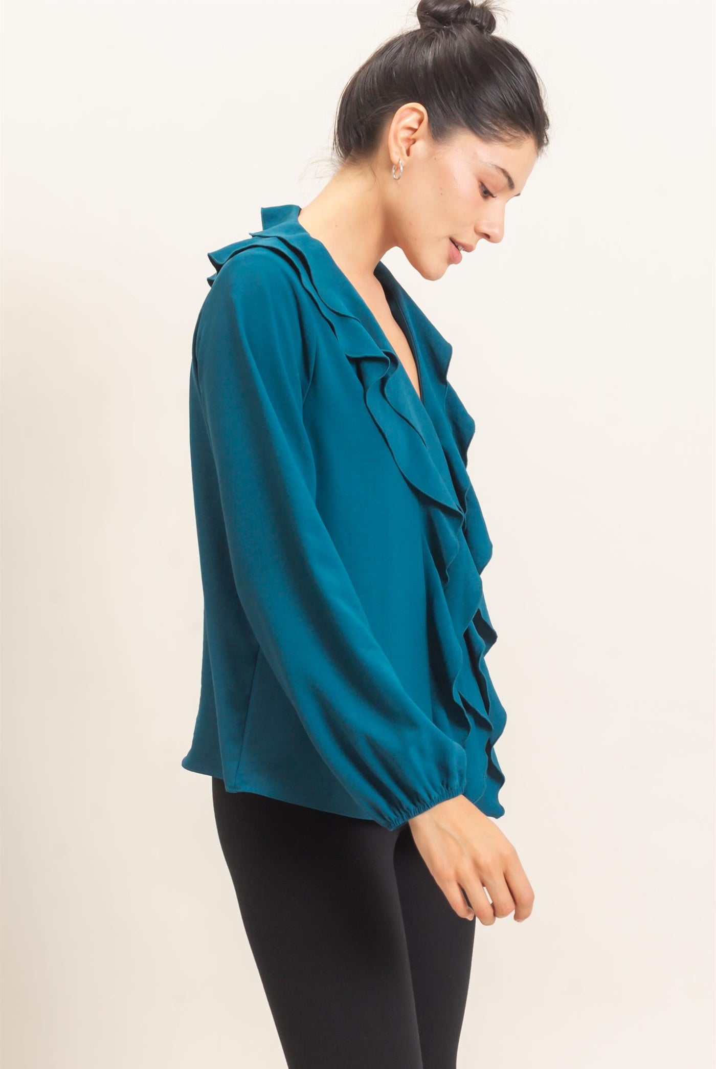 Wholesale Ruffled V-Neck Button-Up Blouse Blouses HF26C739 TEAL HYFVE