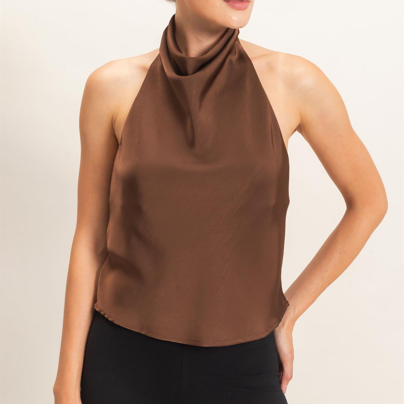 Wholesale Draped Halter Satin Top Blouses HF26E632 ESPRESSO HYFVE
