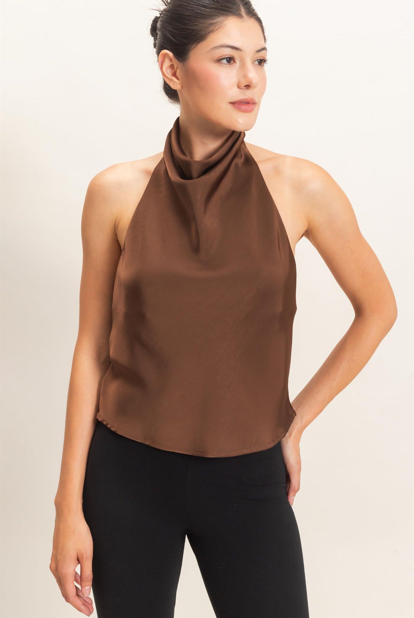 Wholesale Draped Halter Satin Top Blouses HF26E632 ESPRESSO HYFVE