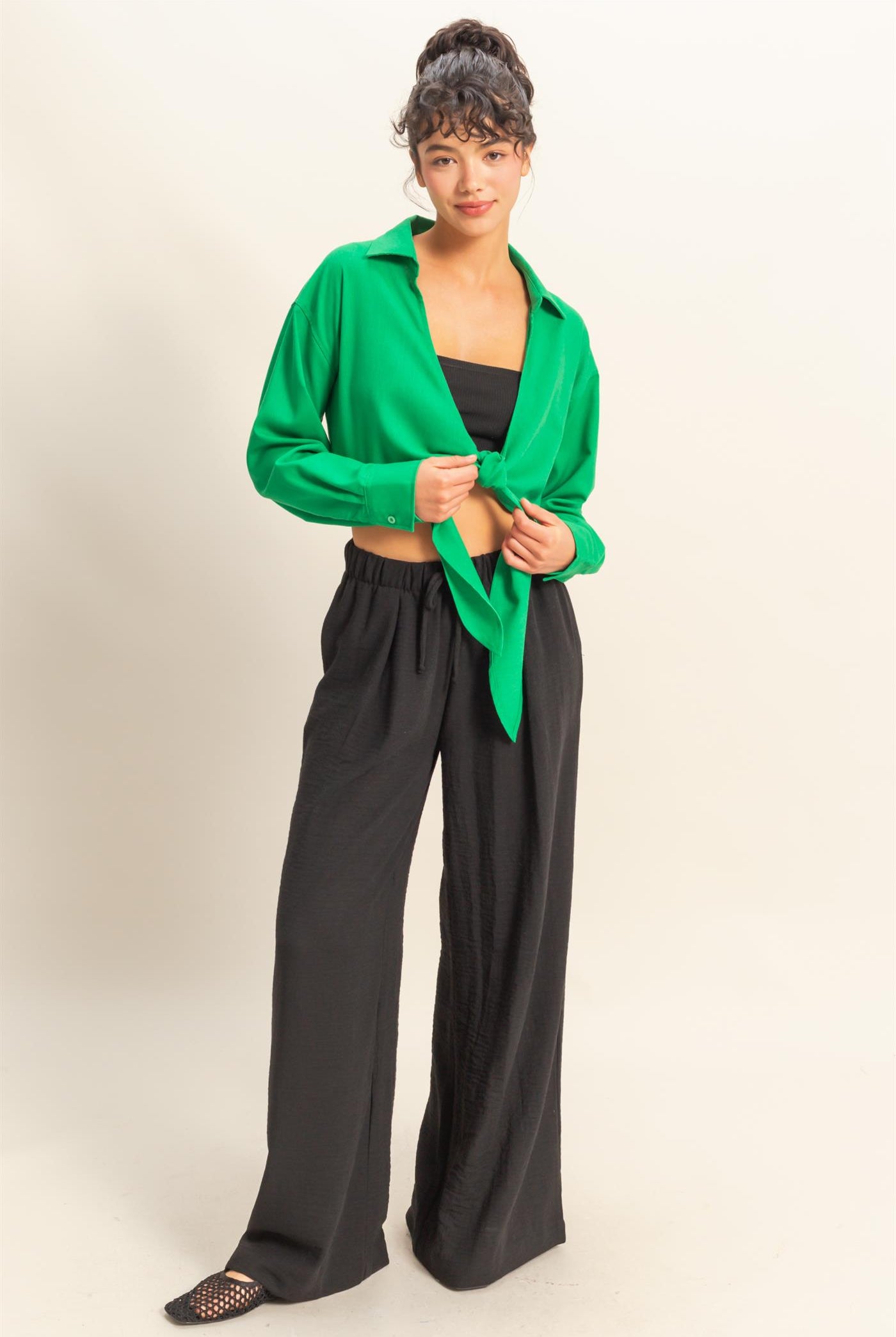 Wholesale Sand Washed Tie Front Crop Top Blouses DZ24C963 GREEN DOUBLE ZERO
