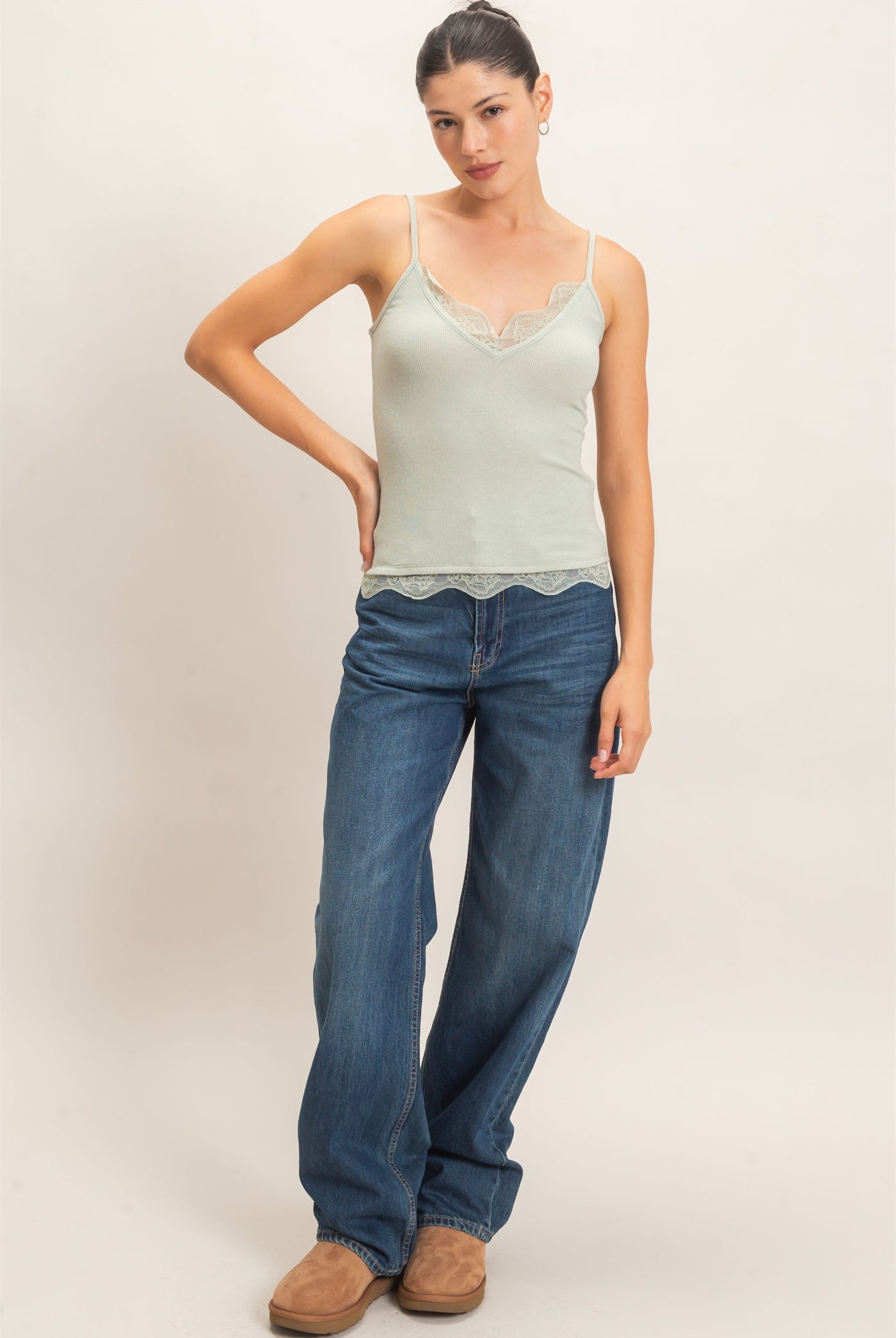 Wholesale Knit Lace Trim Camisole Tank Tops HF26E014 SAGE GEEEN HYFVE