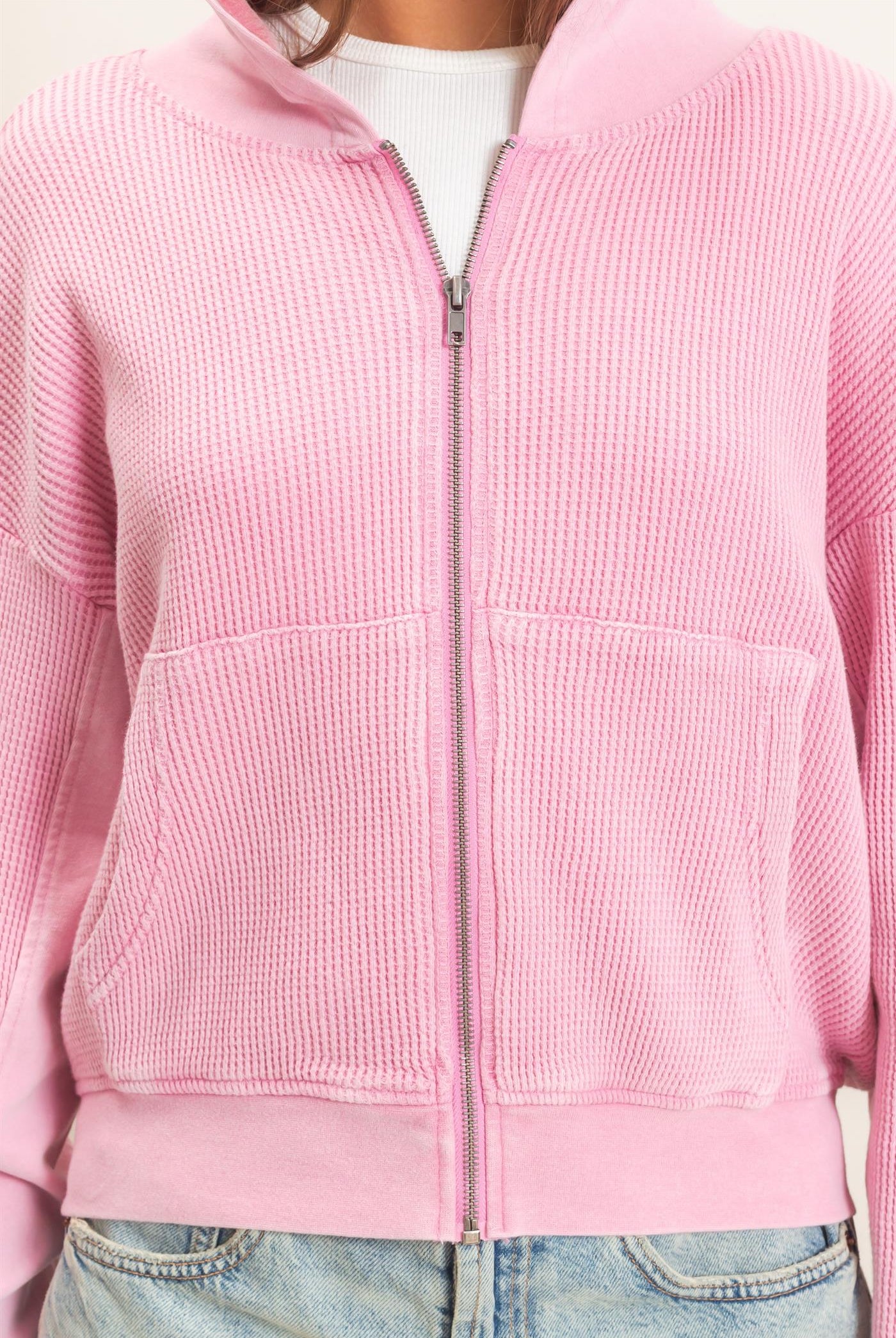 Wholesale Acid Wash Waffle Knit Zip-Up Hoodie Hoodies DZ26E401 PINK DOUBLE ZERO
