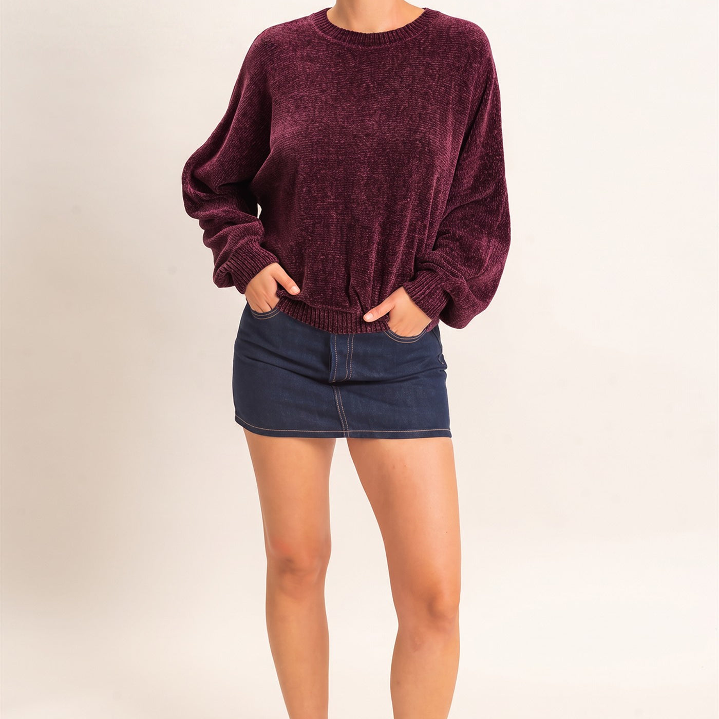 Wholesale Chenille Crew Neck Sweater Sweaters DZ26E264 DARK CHERRY DOUBLE ZERO
