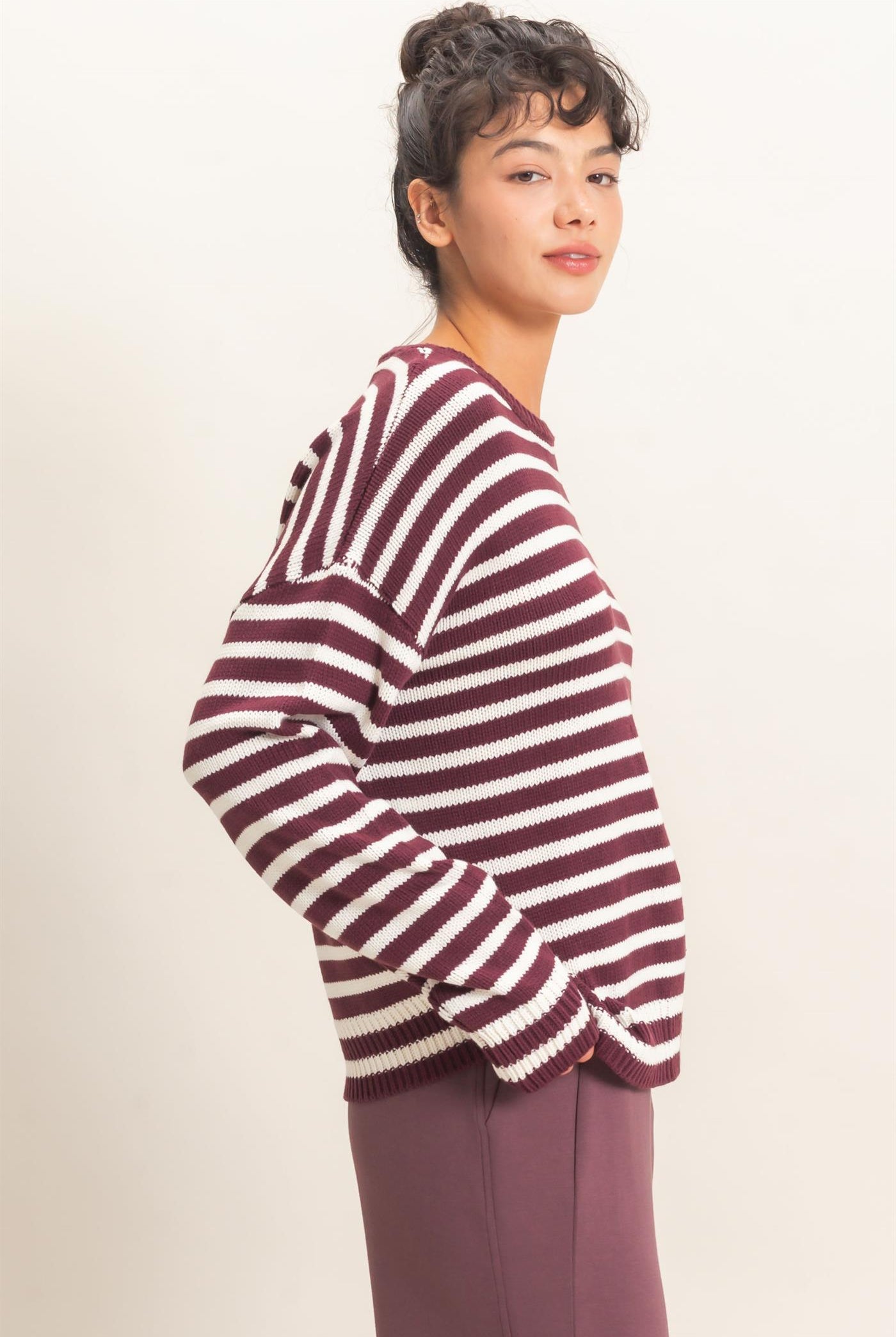 Wholesale Striped Crew Neck Sweater Sweaters DZ26E237 DARK CHERRY DOUBLE ZERO