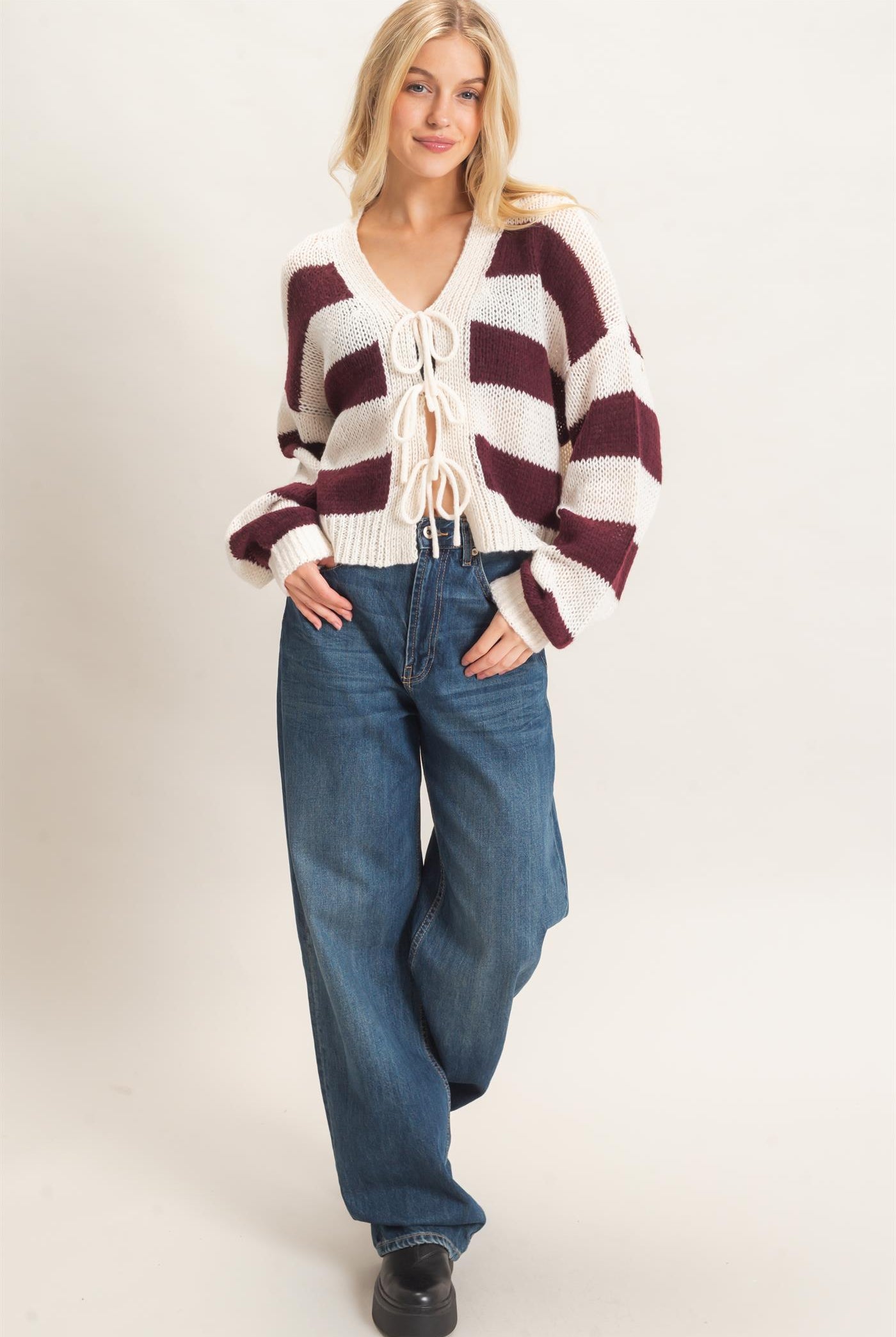 Wholesale Striped V-Neck Sweater Cardigan Cardigans HF26E959 MERLOT HYFVE