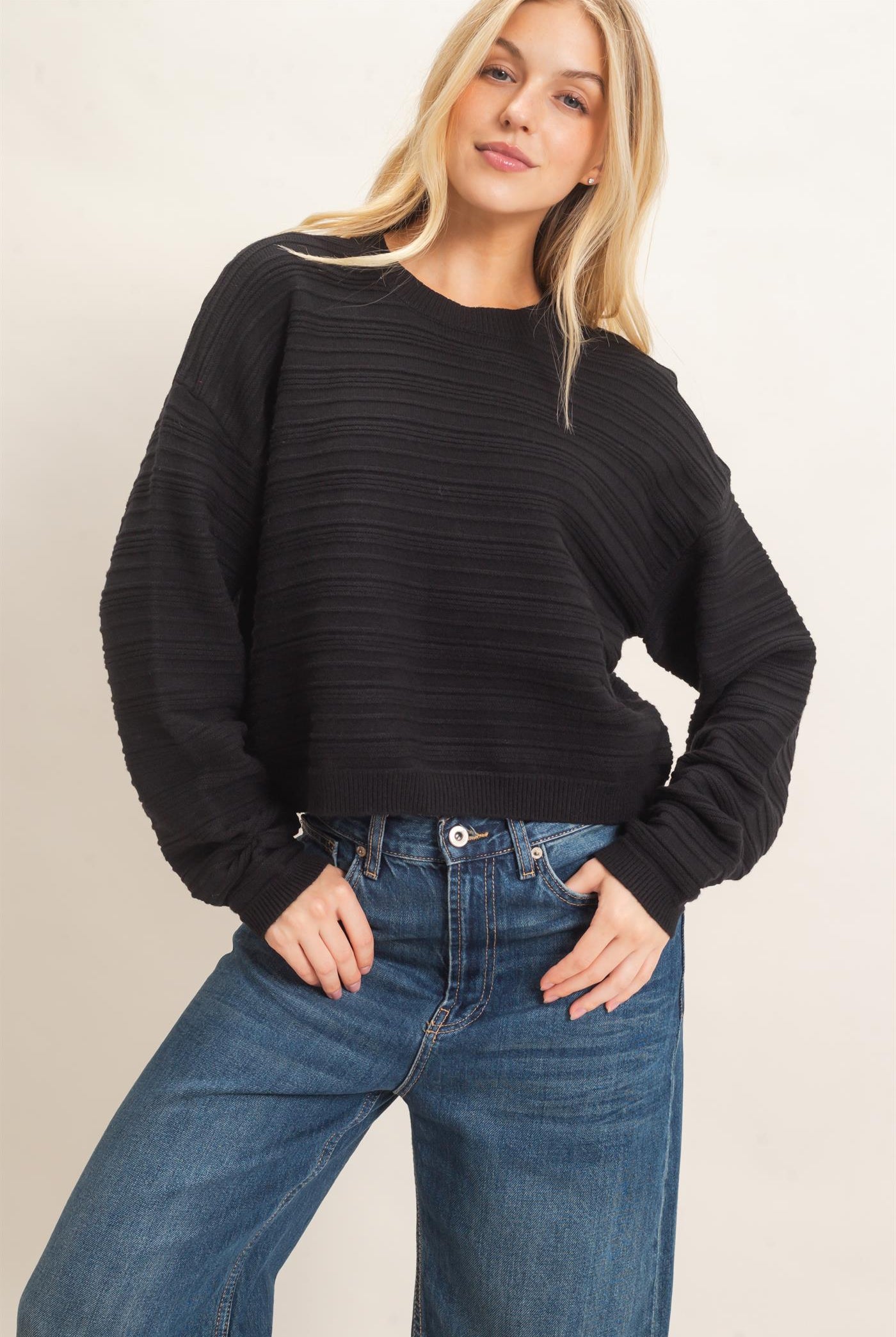 Wholesale Textured Crew Neck Sweater Sweaters HF26F196 BLACK HYFVE