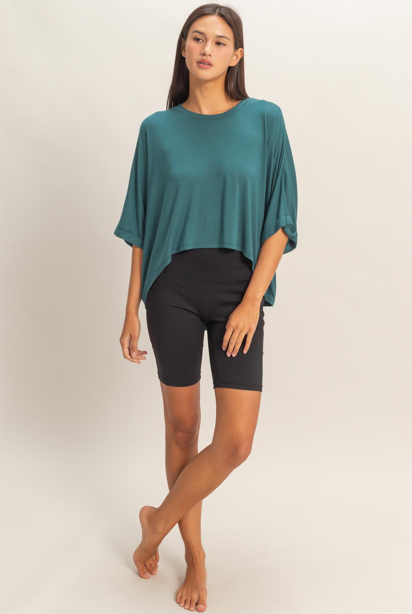 Wholesale Relaxed High-Low Batwing Sleeve Top Shirts DZ26A742 DARK TEAL DOUBLE ZERO