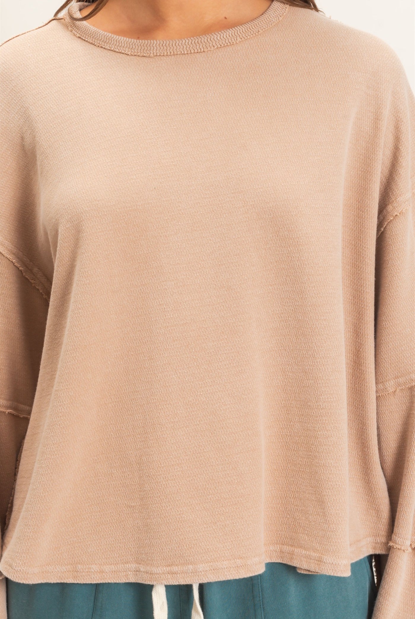 Wholesale Mineral Wash Overzised Raw Edge Crew Neck Top Clothing Tops DZ26E449 DARK TAUPE DOUBLE ZERO
