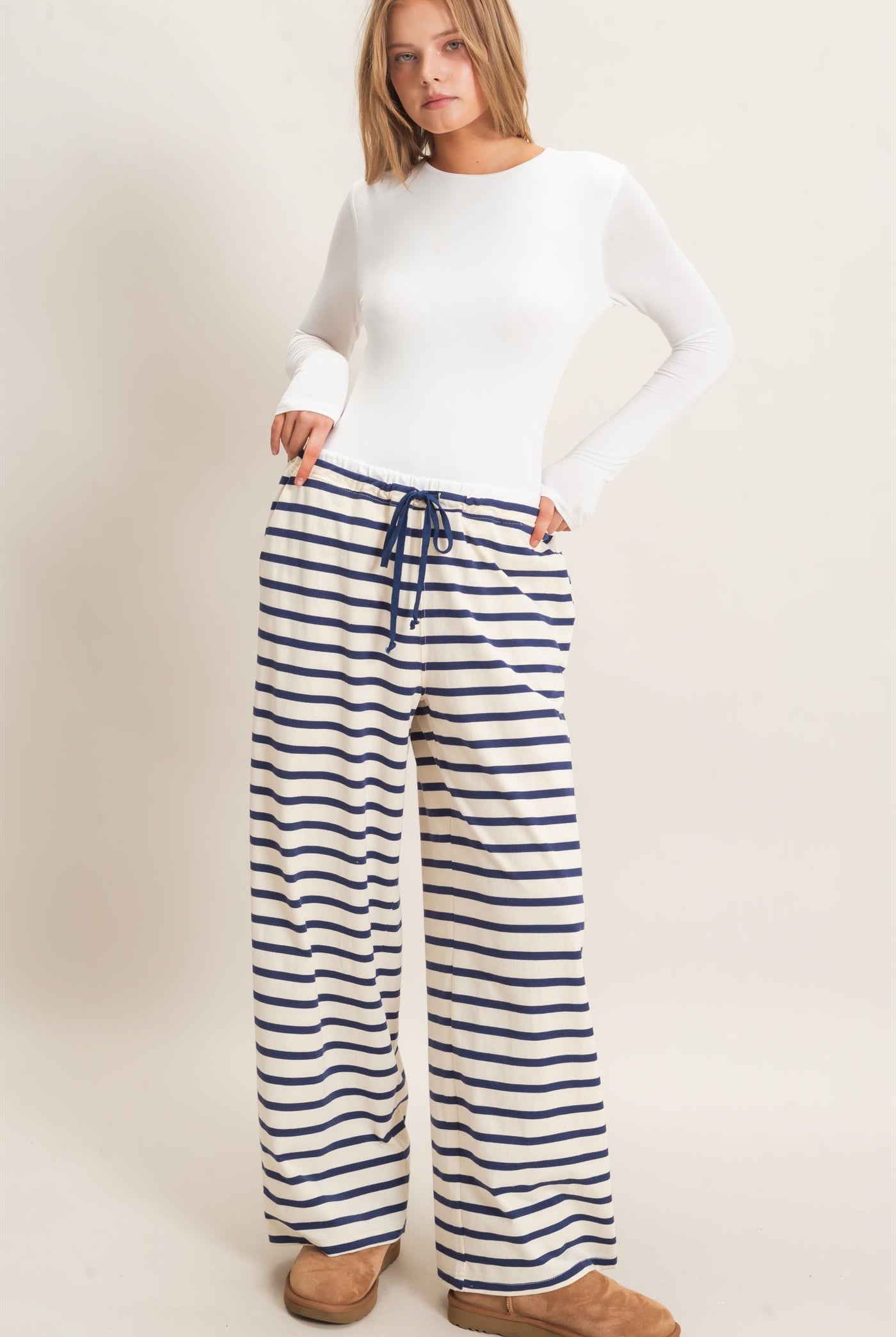 Wholesale Striped Wide-Leg Pants Pants HF26F229-D NAVY/CREAM HYFVE