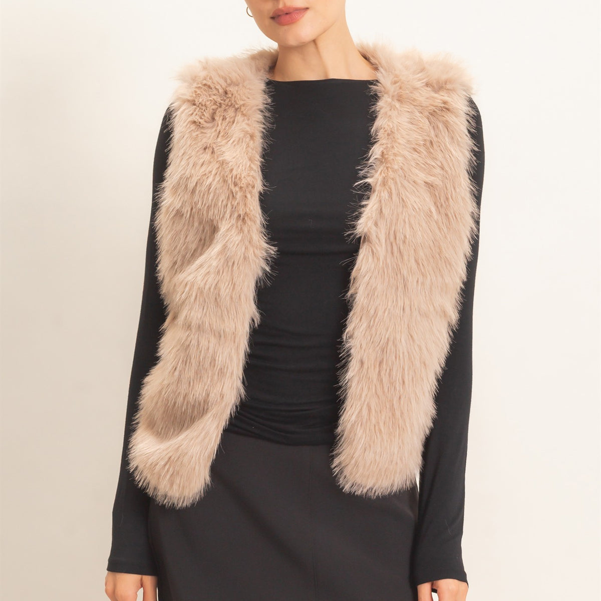 Wholesale Open-Front Faux Fur Vest Vests HF26F164 TAUPE HYFVE