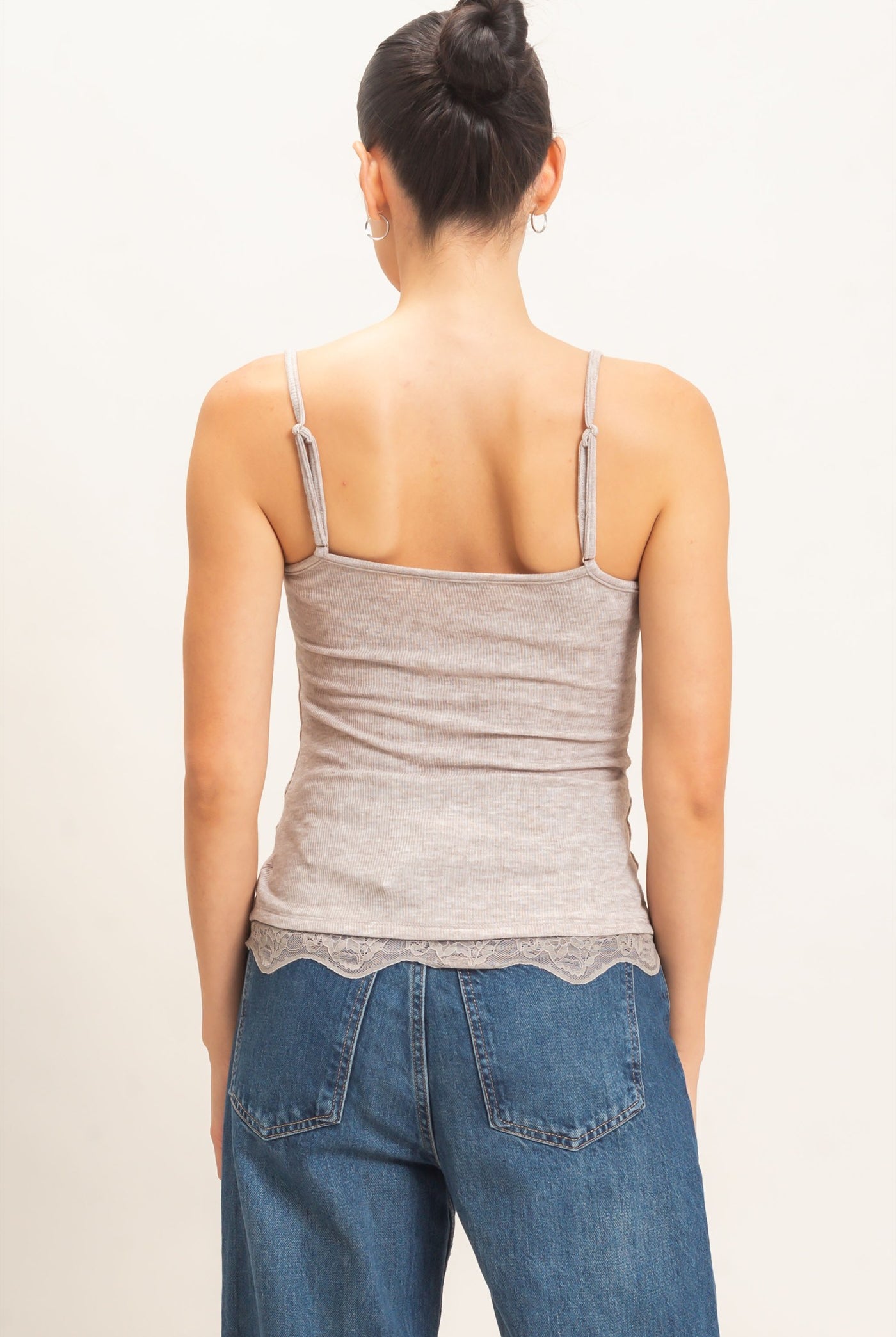 Wholesale Knit Lace Trim Camisole Tank Tops HF26E014 LIGHT MOCHA HYFVE