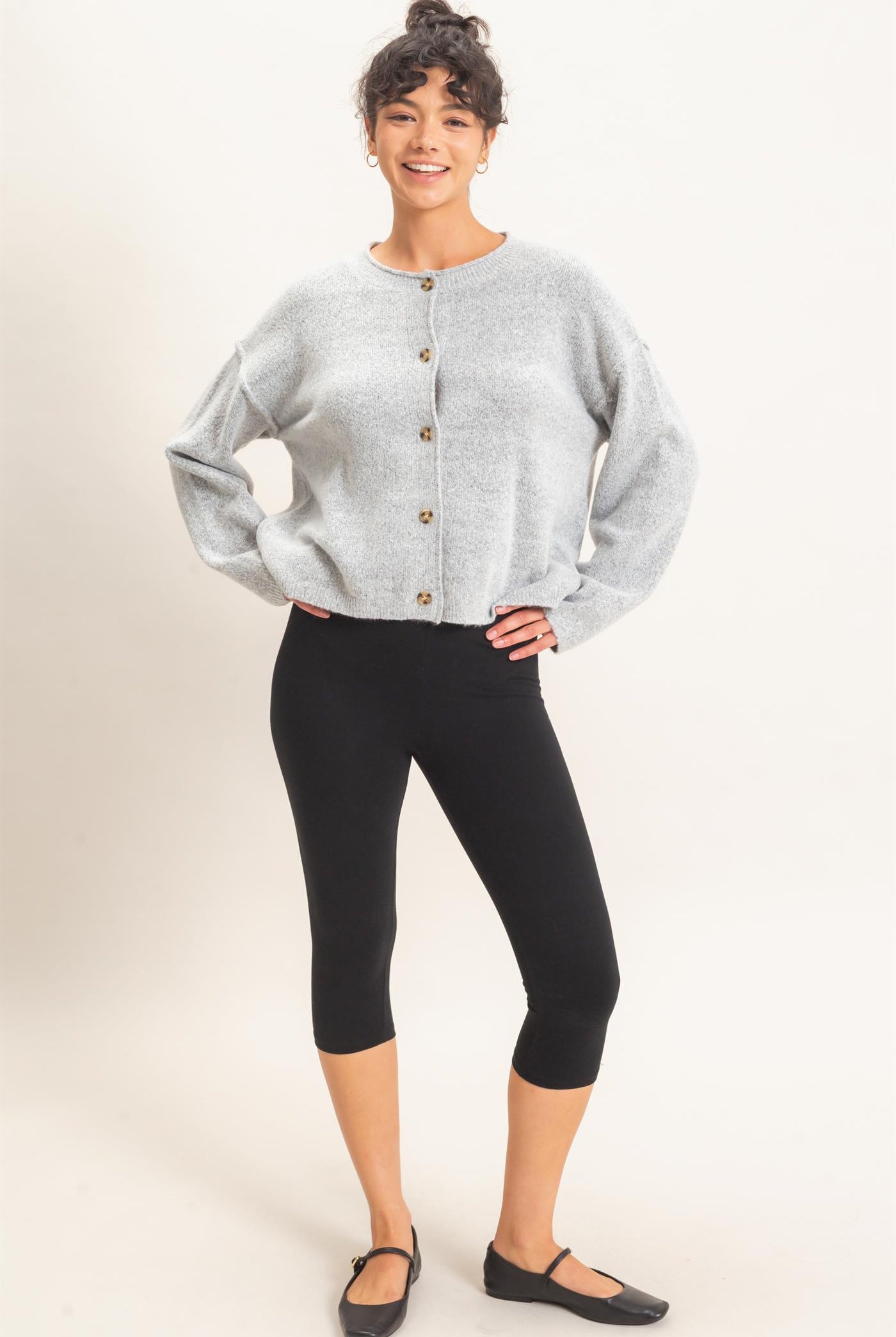 Wholesale Crew Neck Loose Fit Cardigan Cardigans DZ26E269 HEATHER GRAY DOUBLE ZERO