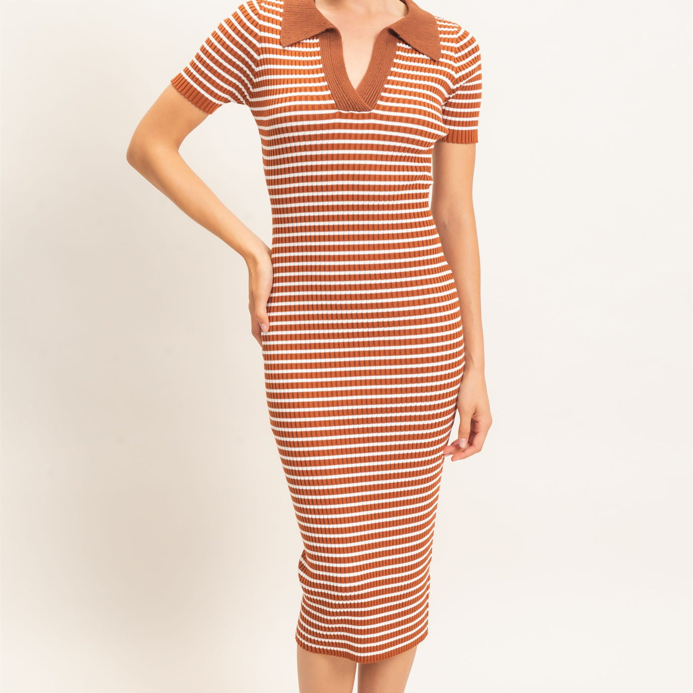 Wholesale Ribbed Collared Midi Dress Dresses HF26E216 BROWN HYFVE