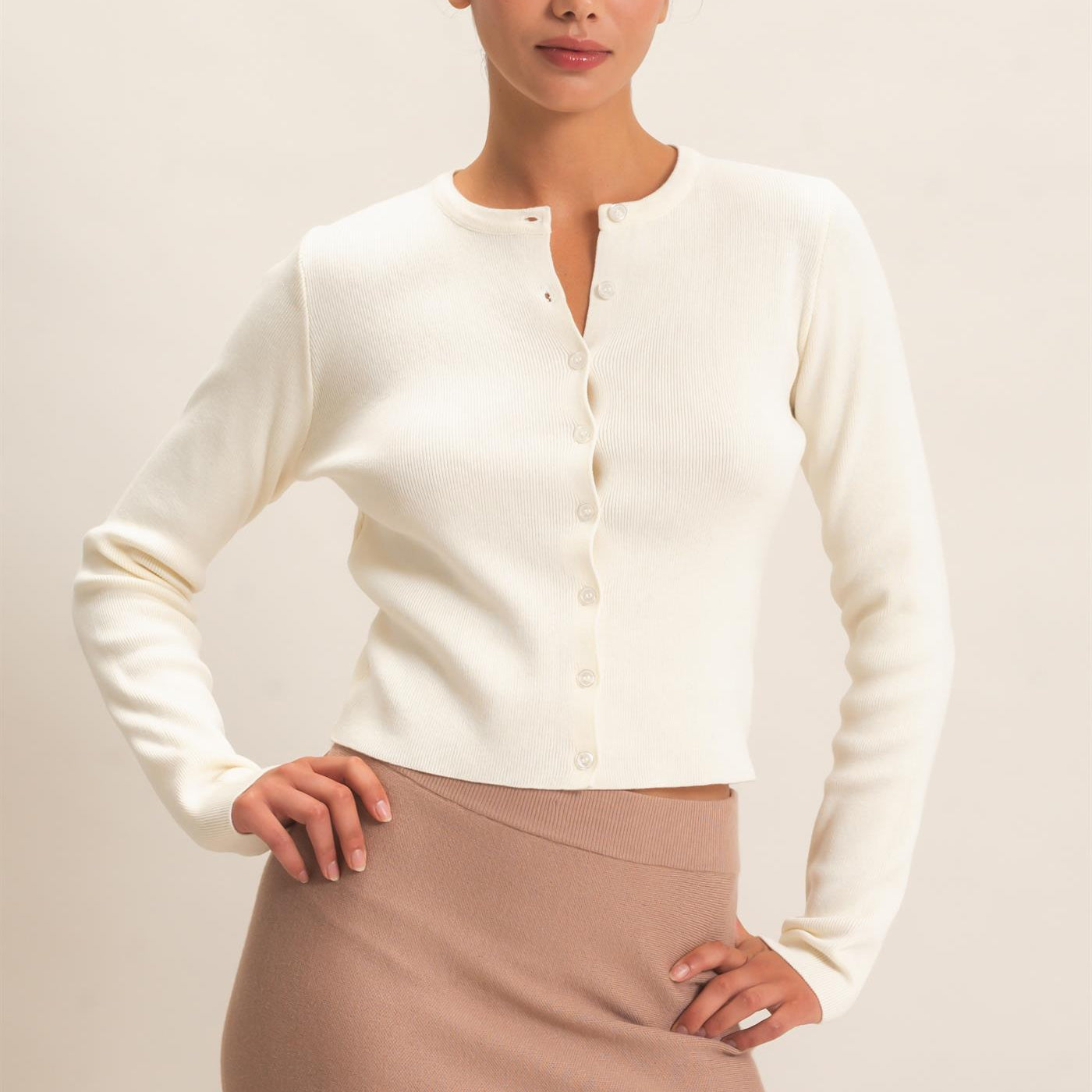 Wholesale Ribbed Crew Neck Cardigan Cardigans DZ27A153 CREAM DOUBLE ZERO