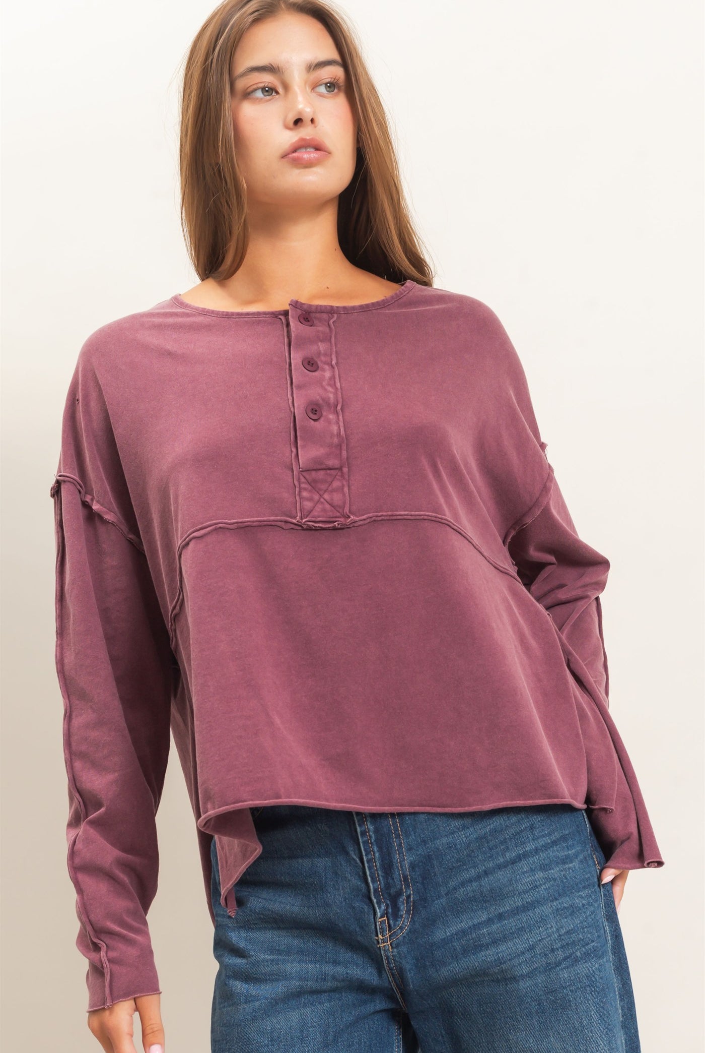 Wholesale Oversized Henley Top With Raw Edges Clothing Tops DZ26F128 DARK CHERRY DOUBLE ZERO