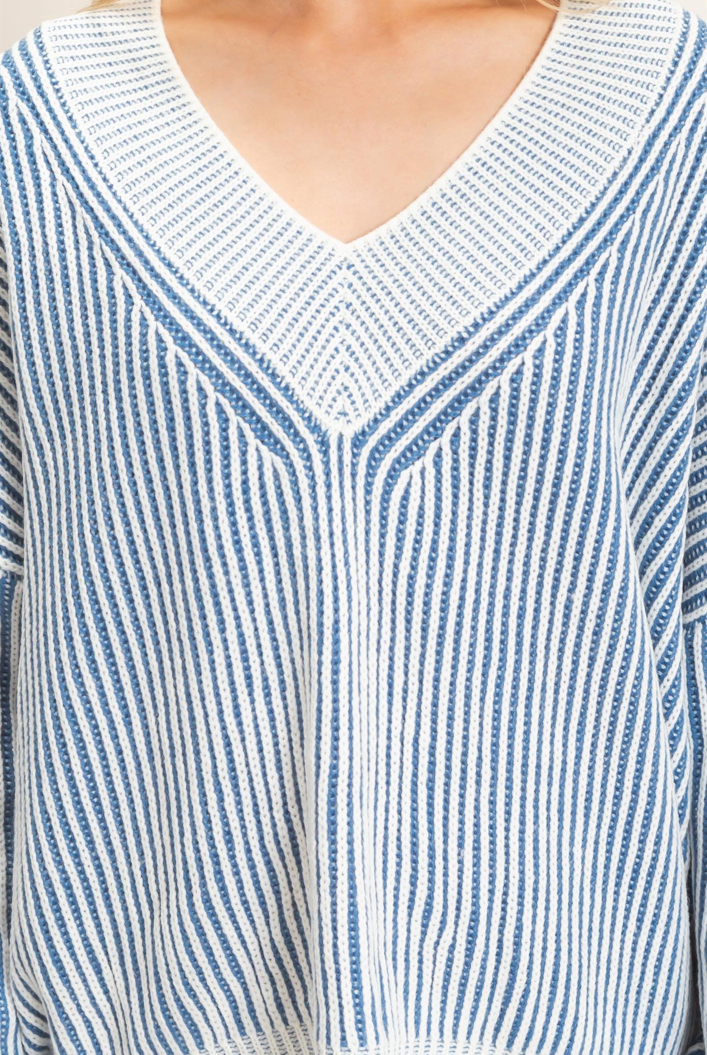 Wholesale Striped V-Neck Ribbed Sweater Sweaters HF26F202 BLUE HYFVE