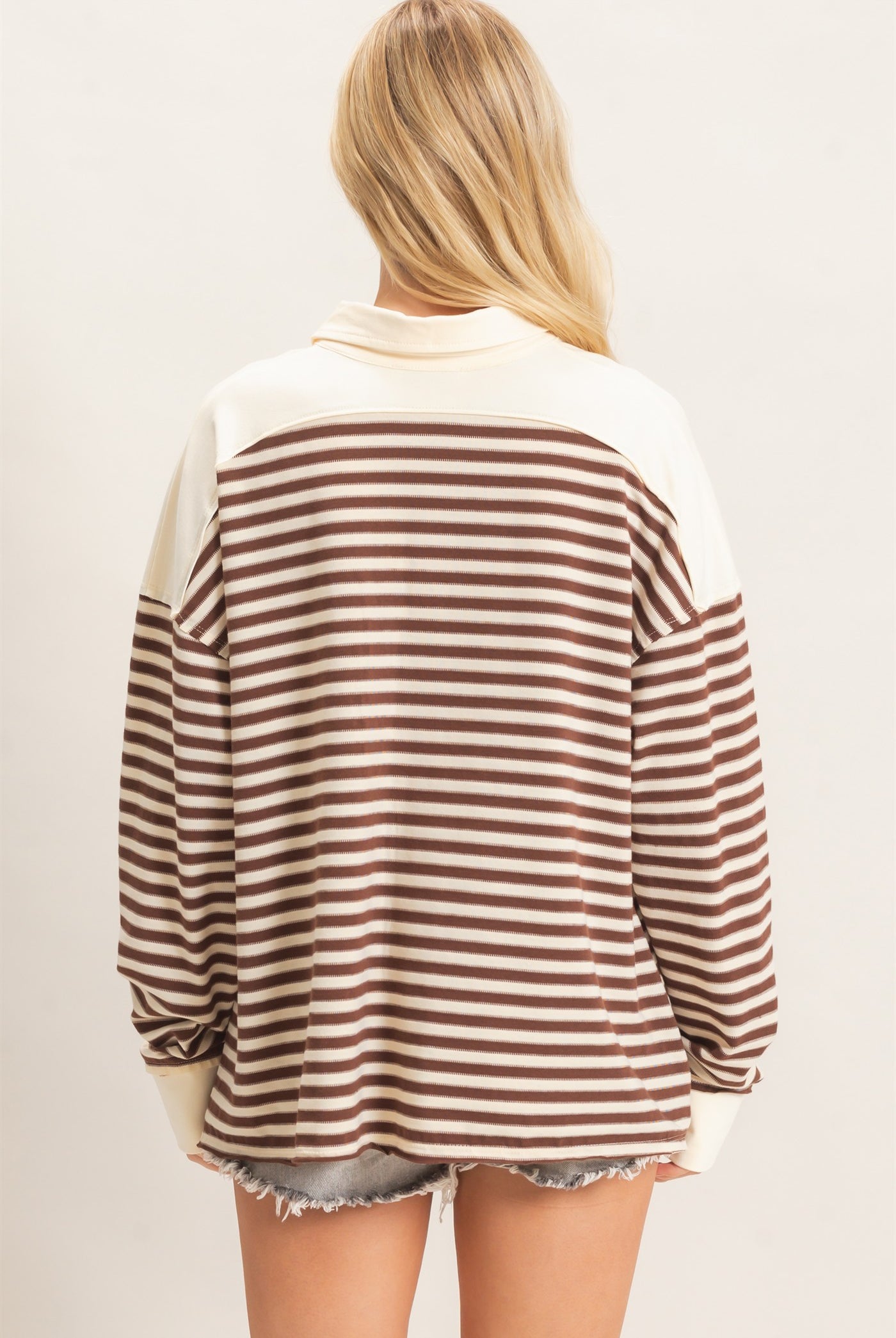 Wholesale Striped Henley Sweatshirt Clothing Tops HF26F089 CHESTNUT HYFVE