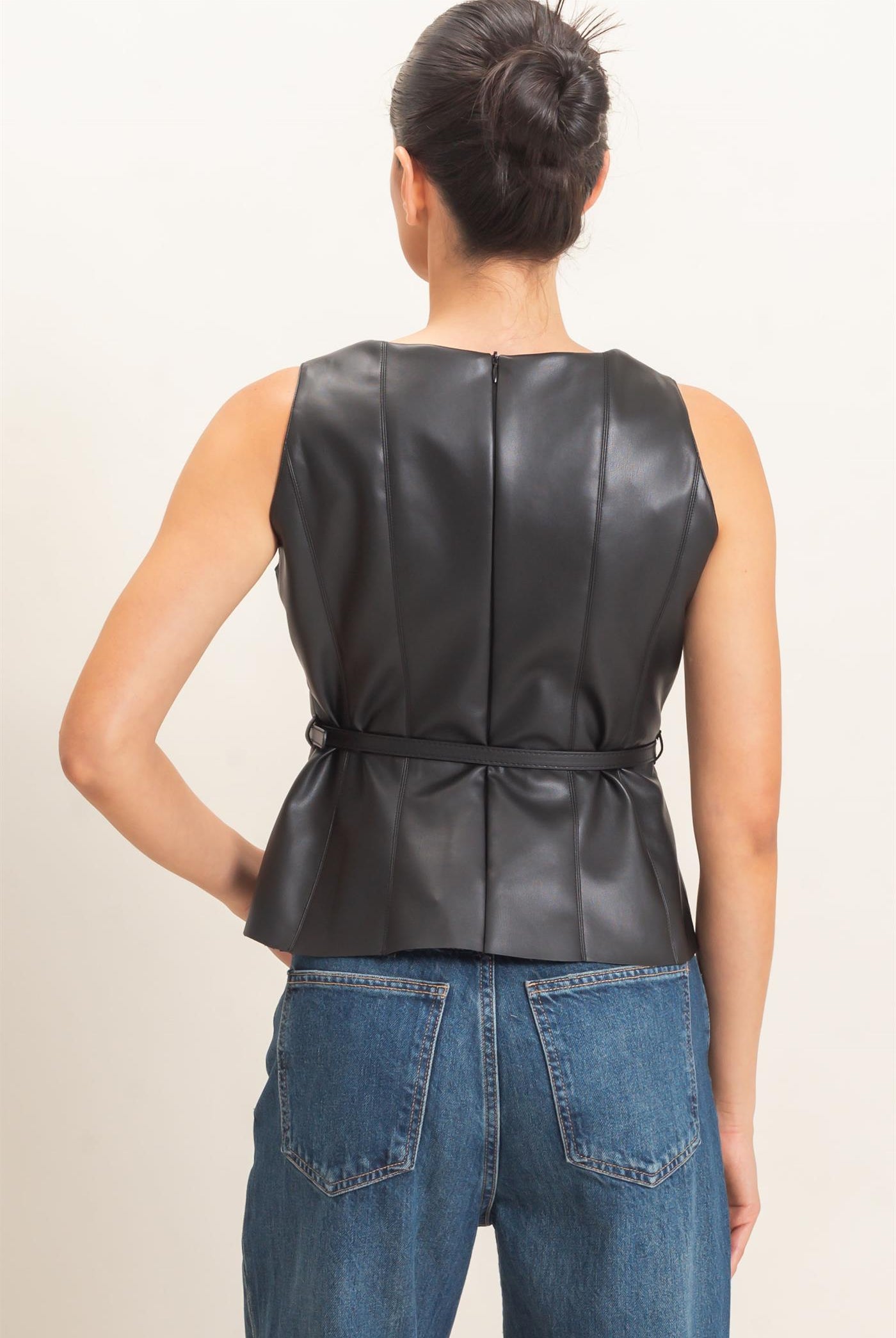 Wholesale Sleek Faux Leather Belted Top Clothing Tops HF26E543 BLACK HYFVE