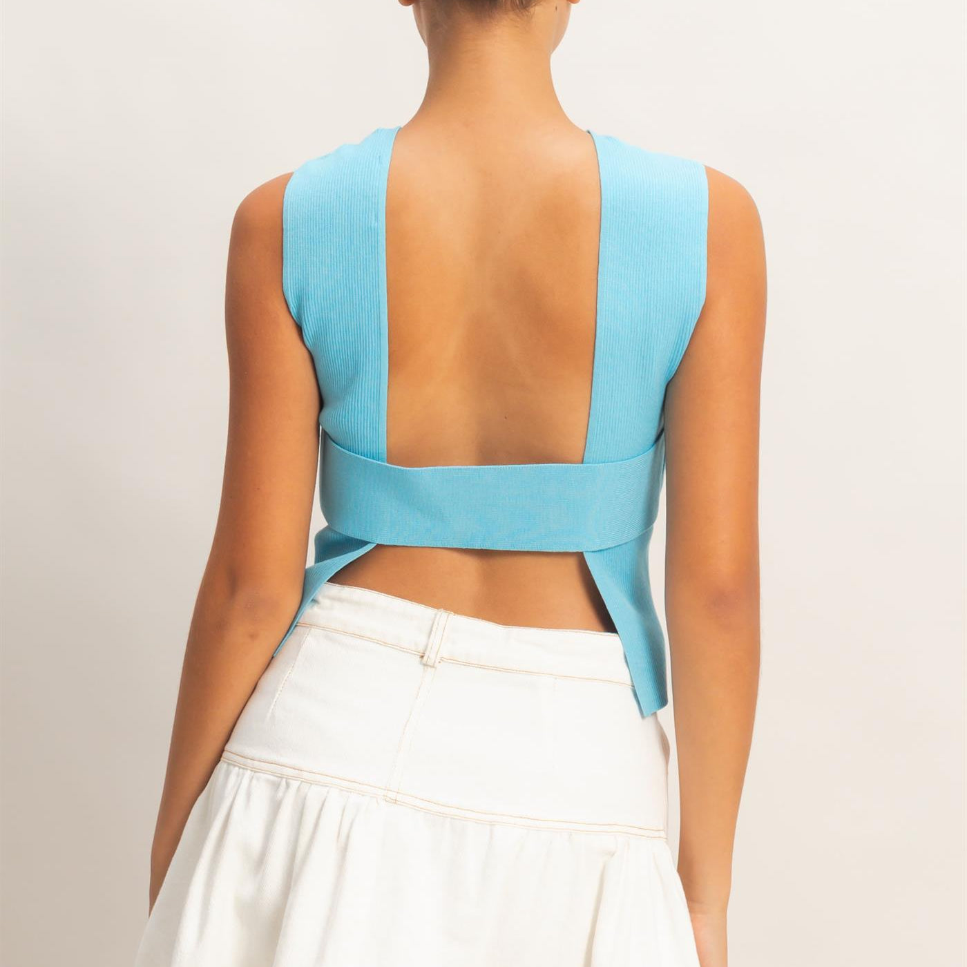 Wholesale Ribbed Crew Neck Sleeveless Open Back Top Clothing Tops DZ26C692 BLUE DOUBLE ZERO
