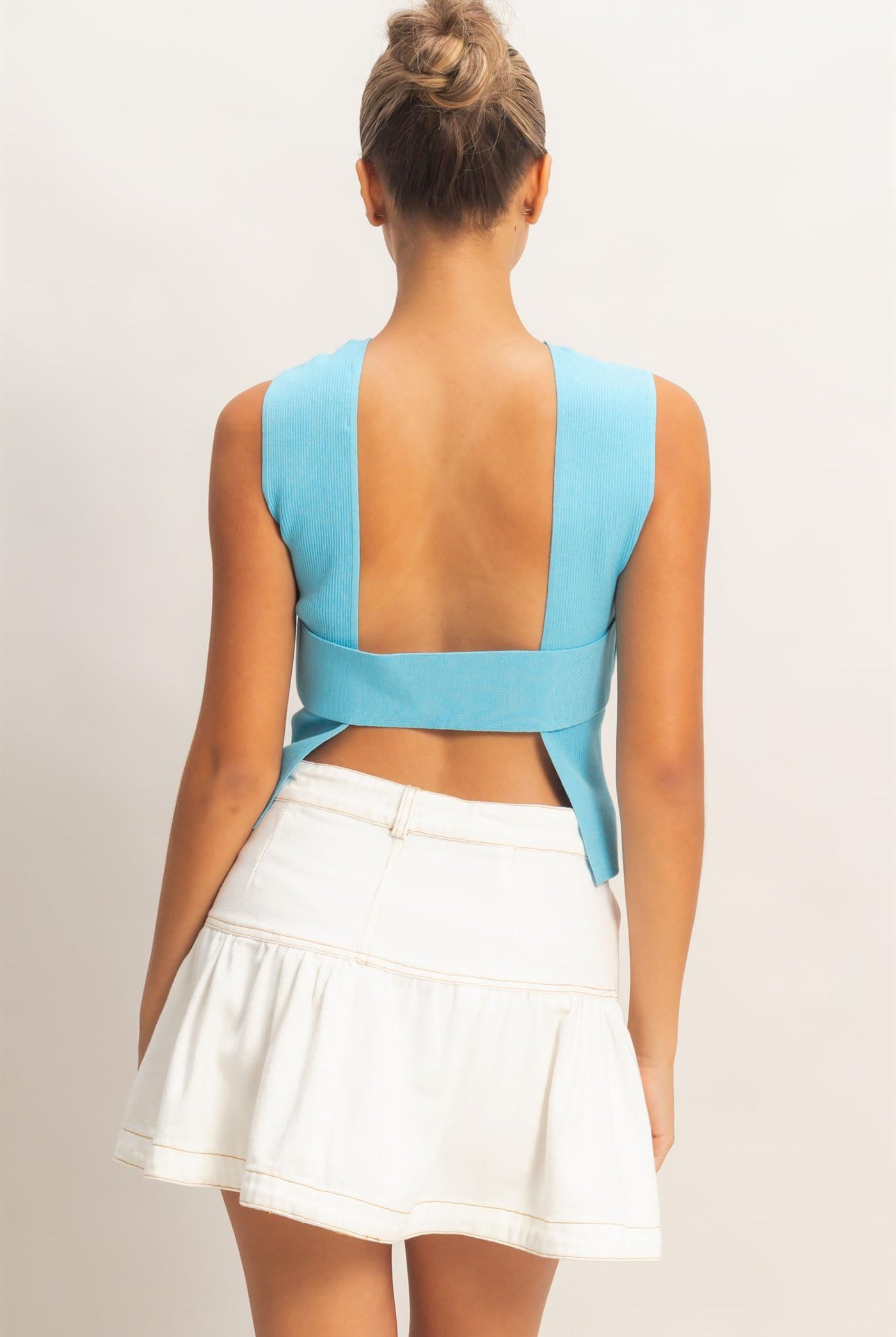 Wholesale Ribbed Crew Neck Sleeveless Open Back Top Clothing Tops DZ26C692 BLUE DOUBLE ZERO