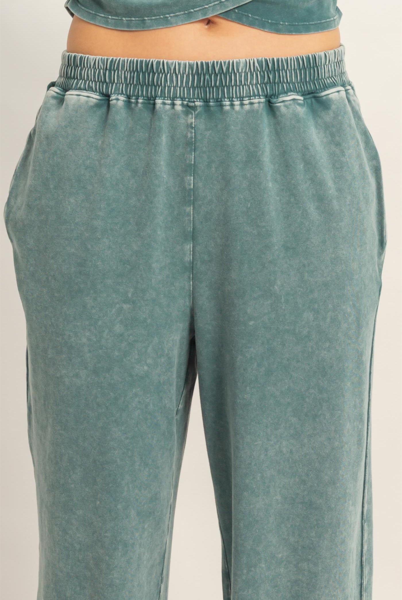 Wholesale Rolled Sleeve Wrap-Front Crop Top And Jogger Set Clothing DZ26A172-SET DARK TEAL DOUBLE ZERO