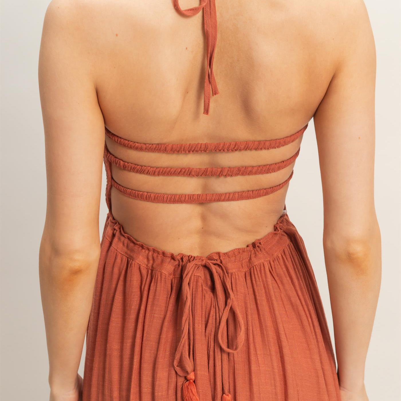 Wholesale Smocked Halter Maxi Dress Dresses HF26C290-D RUST HYFVE