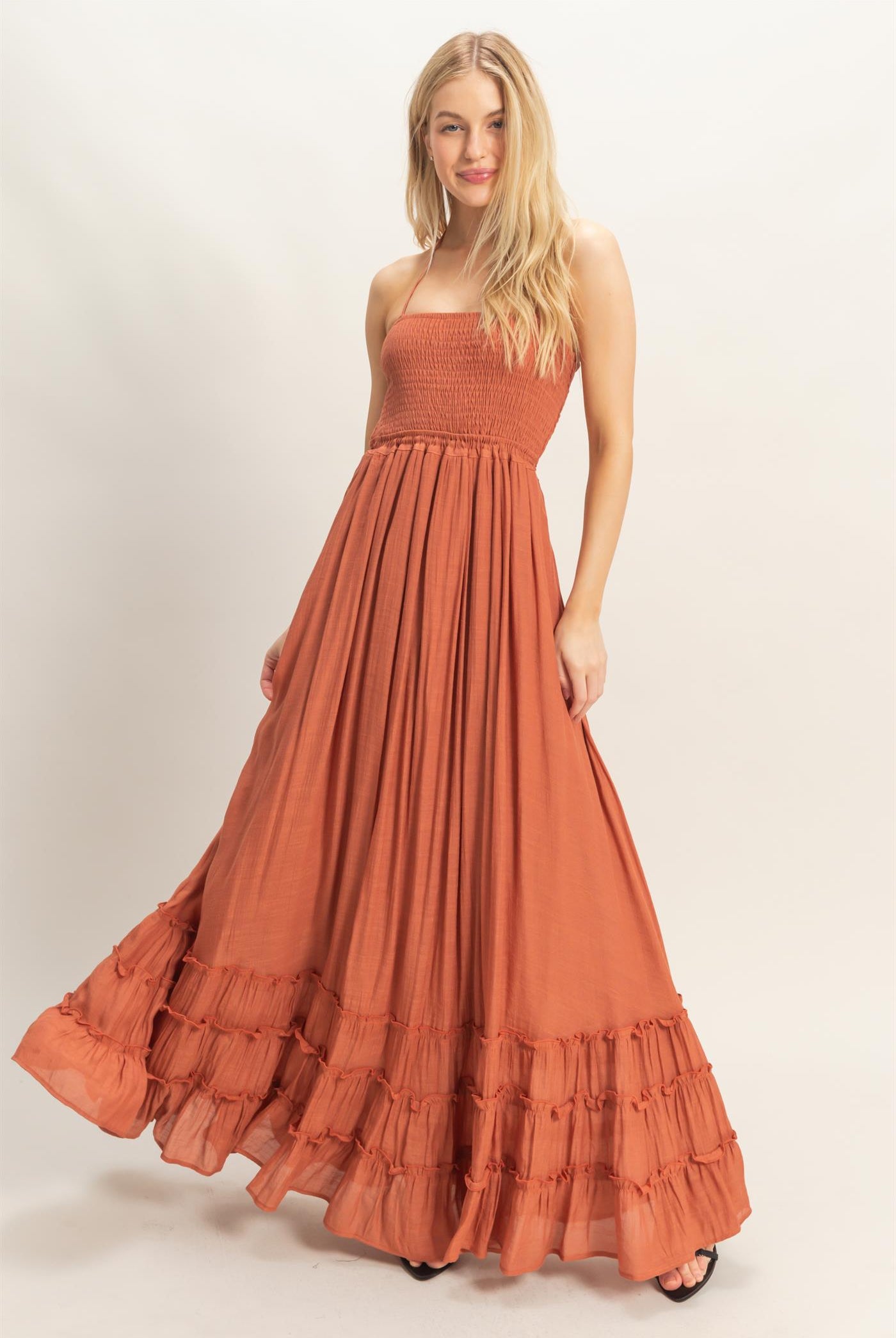 Wholesale Smocked Halter Maxi Dress Dresses HF26C290-D RUST HYFVE
