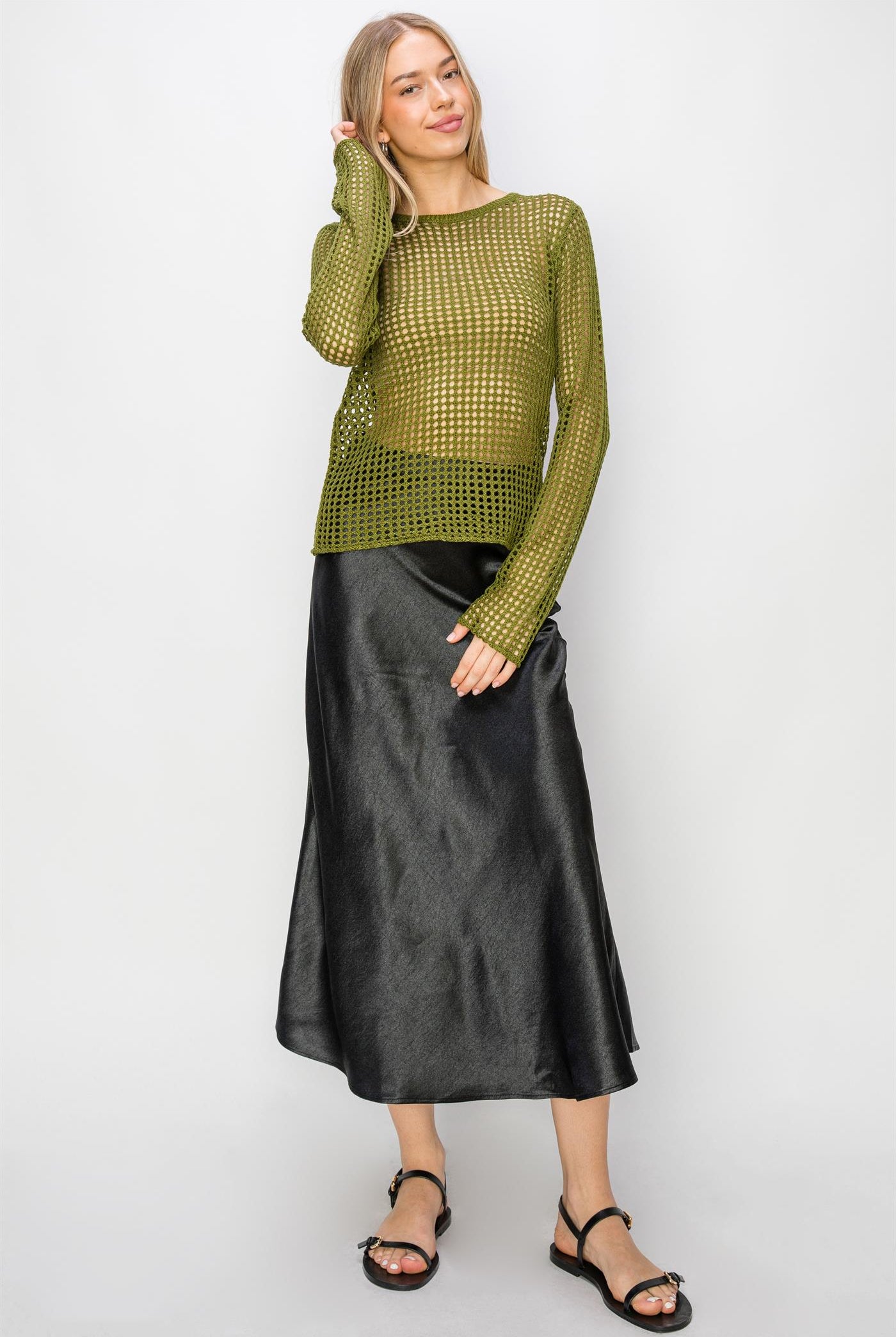 Wholesale Open Knit Long Sleeve Sweater Clothing Tops DZ24C031 MOSS DOUBLE ZERO