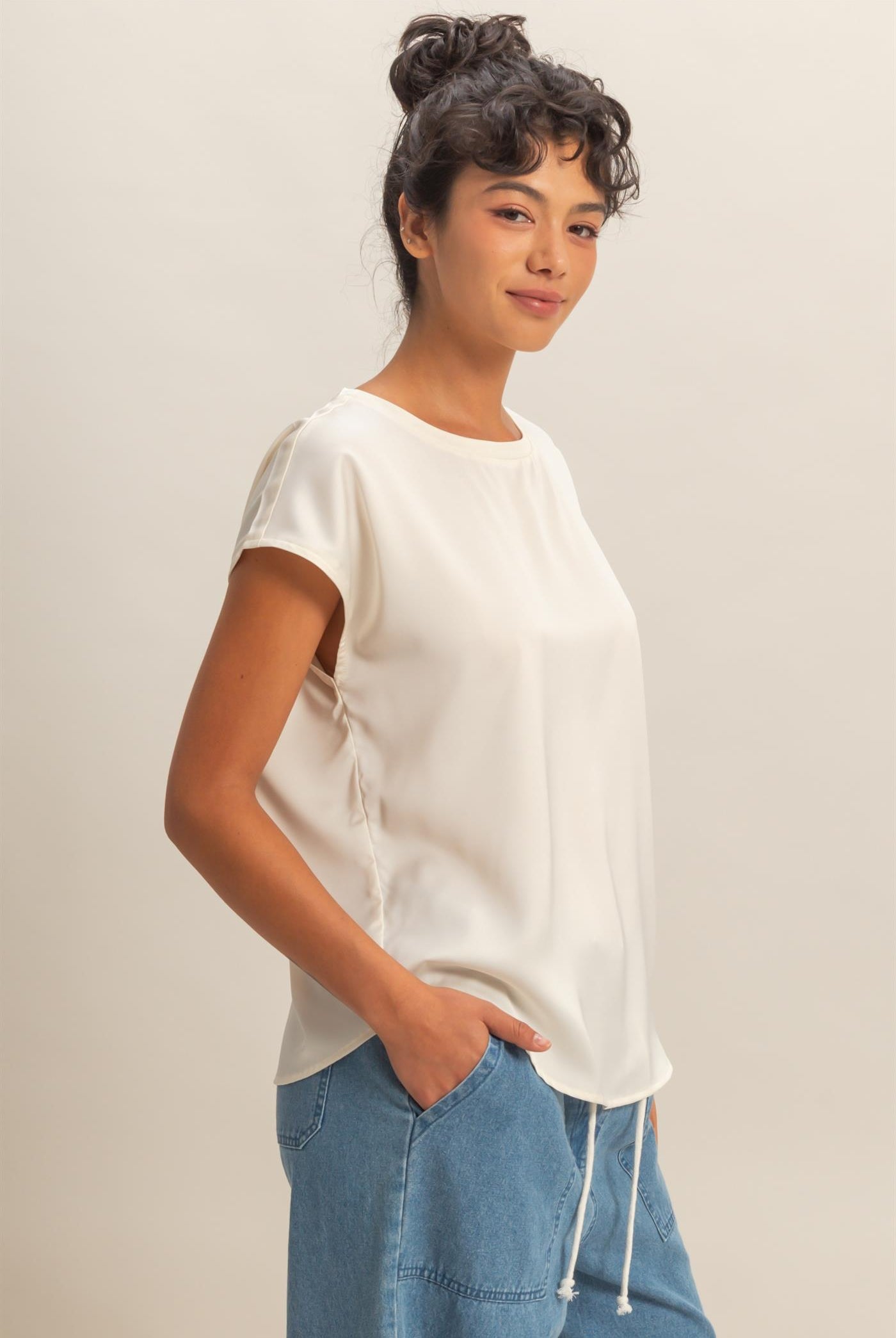 Wholesale Satin Dolman Sleeve Round Neck Blouse Clothing Tops DZ26C181 WHIP CREAM DOUBLE ZERO