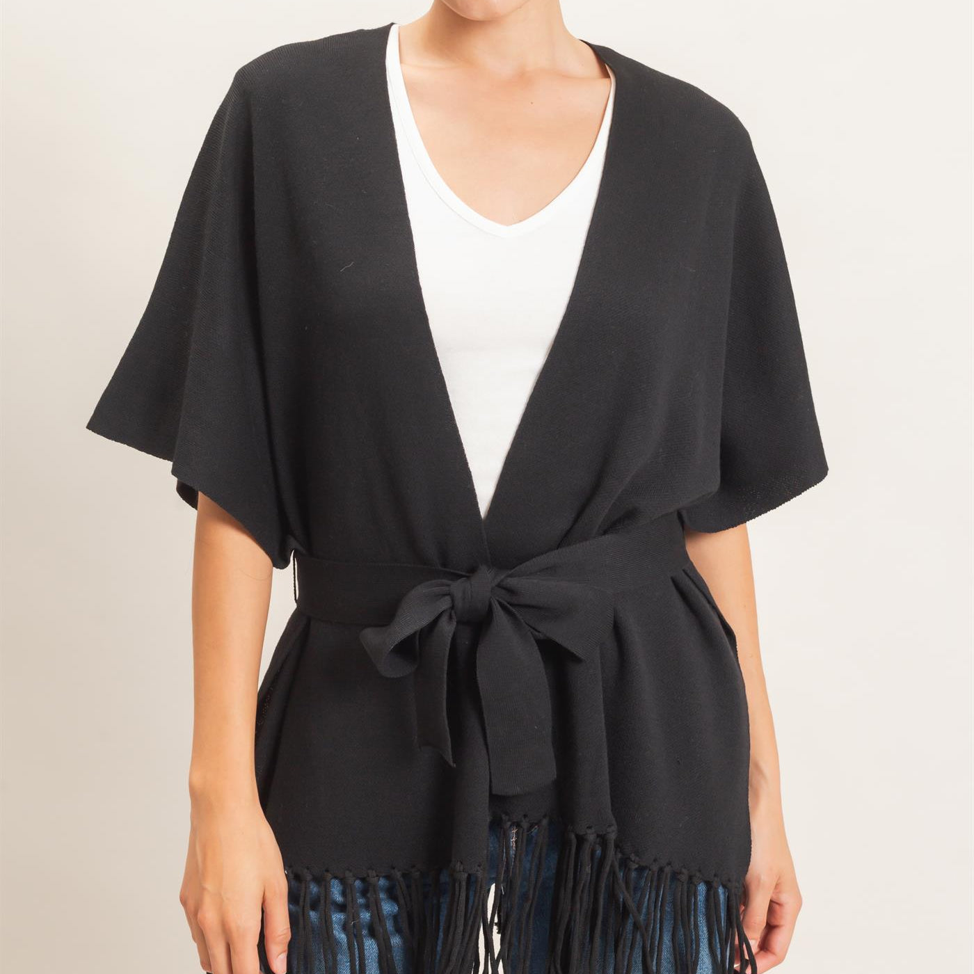 Wholesale Fringe Hem Kimono Sweater Kimonos HF26E041 BLACK HYFVE
