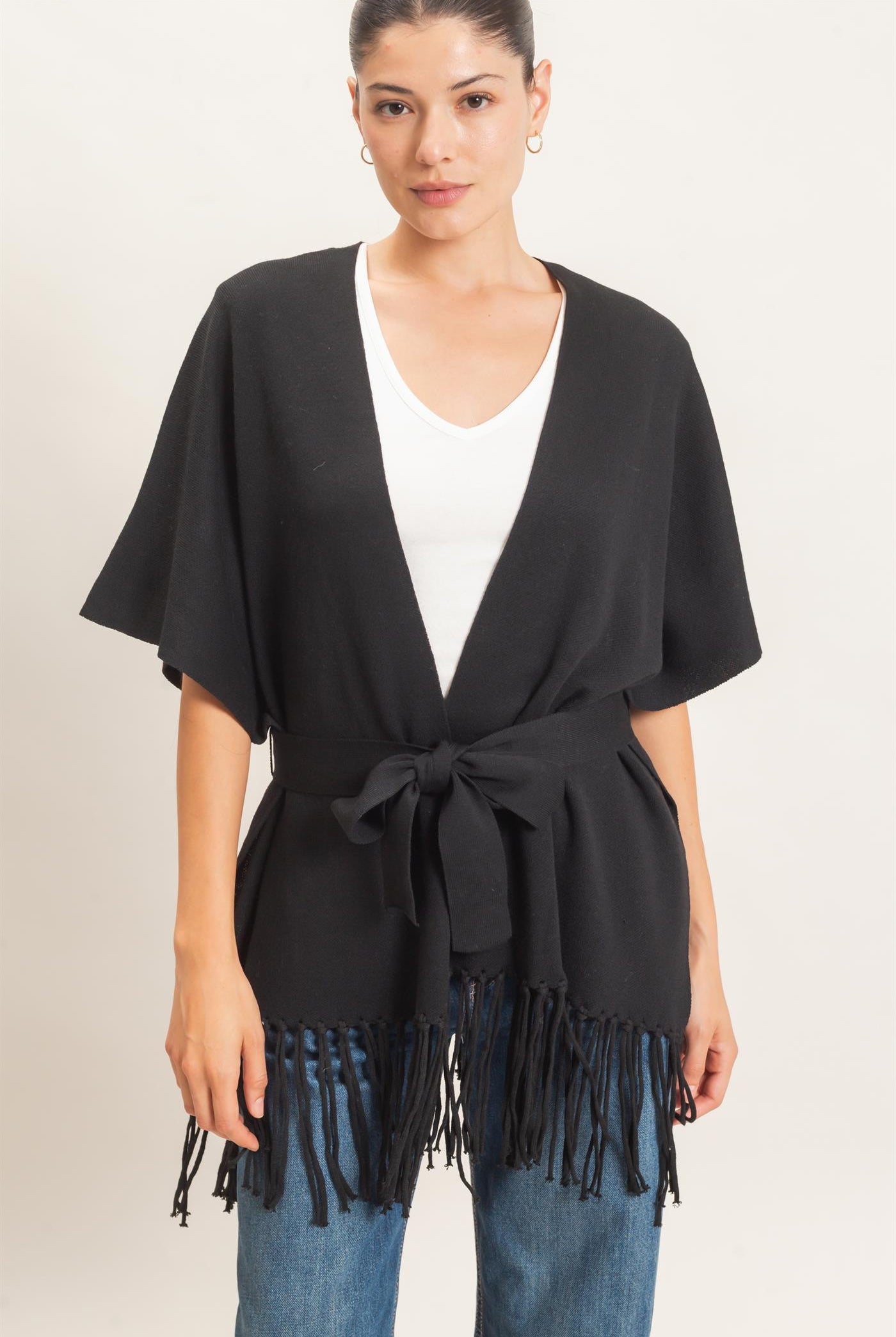 Wholesale Fringe Hem Kimono Sweater Kimonos HF26E041 BLACK HYFVE