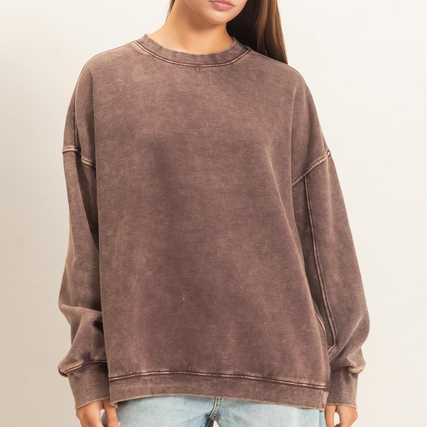 Wholesale Acid Wash Crew Neck Long Sleeve Sweatshirt Sweatshirts DZ26E268 DARK BROWN DOUBLE ZERO
