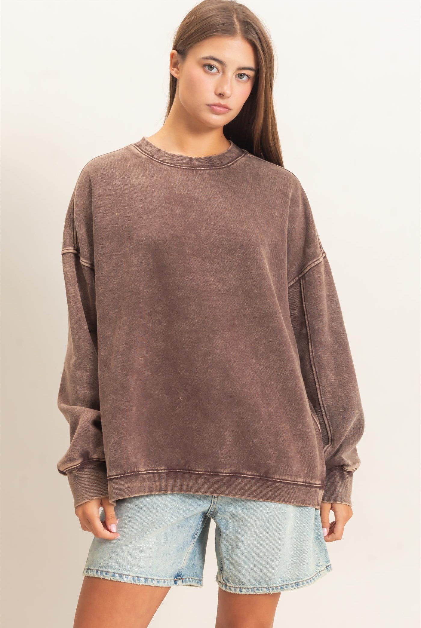 Wholesale Acid Wash Crew Neck Long Sleeve Sweatshirt Sweatshirts DZ26E268 DARK BROWN DOUBLE ZERO