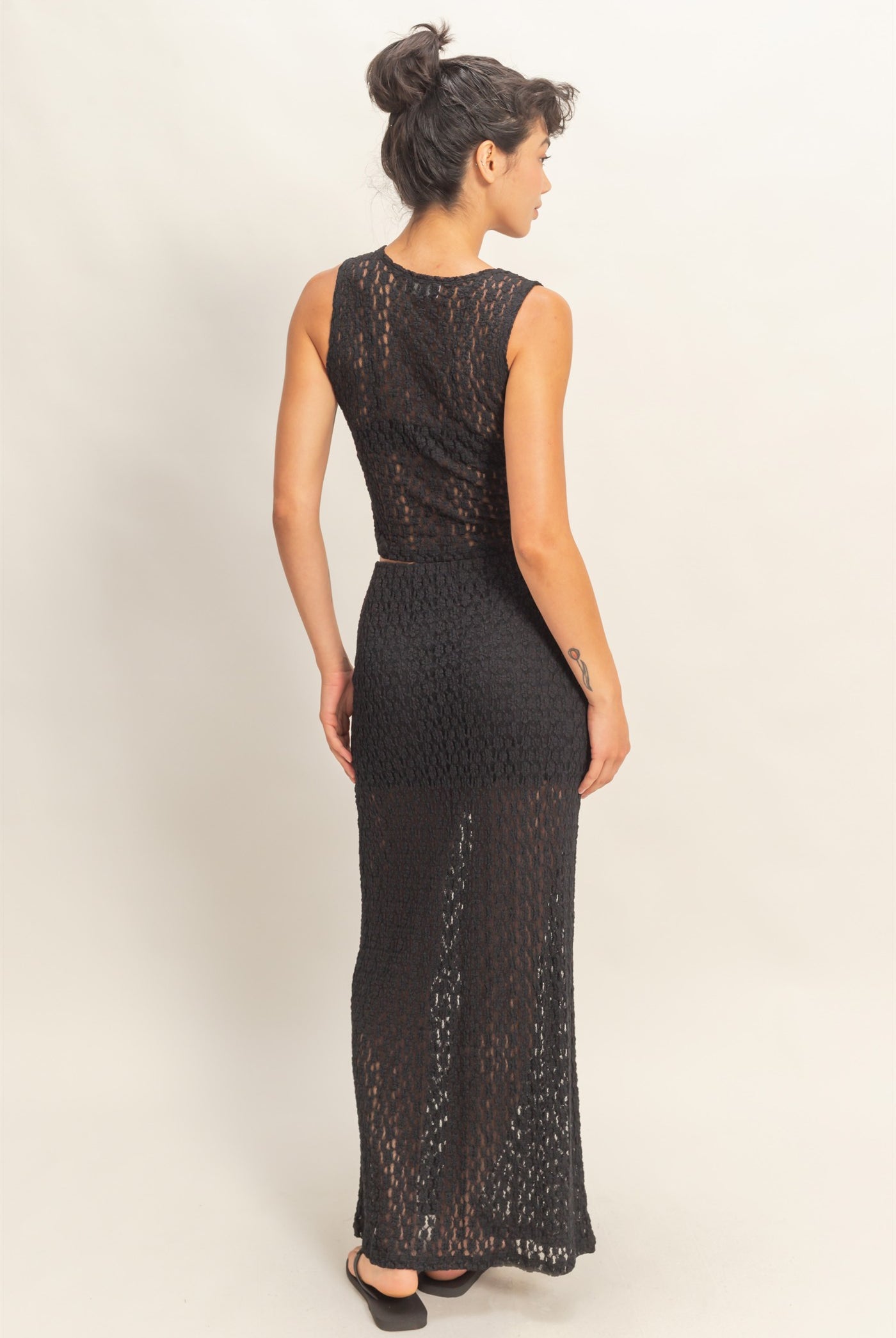 Wholesale Round Neck Lace Top & Lace Maxi Skirt Set Clothing DZ26C670-SET BLACK DOUBLE ZERO