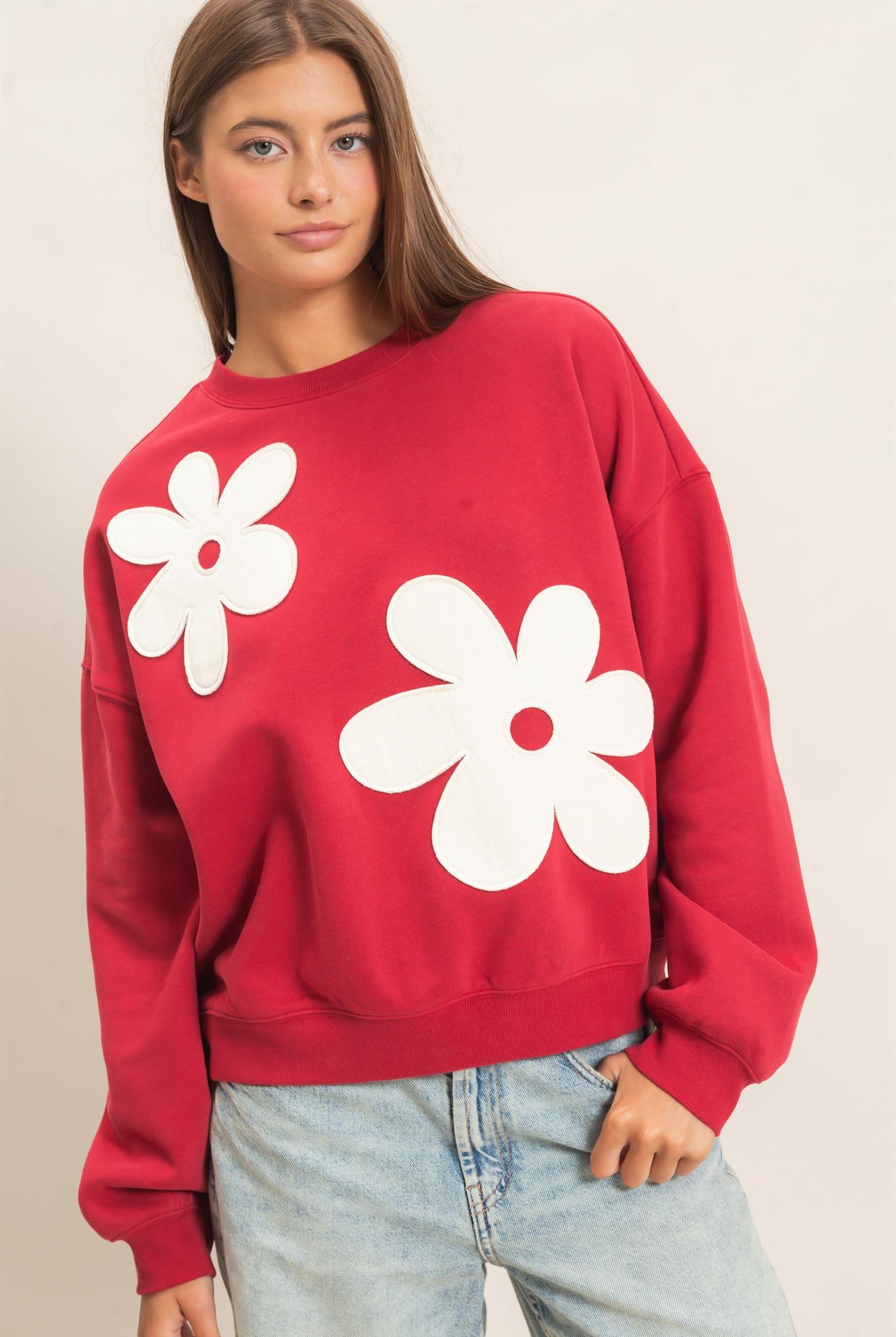 Wholesale Floral Applique Crew Neck Sweatshirt Sweatshirts DZ26E708 DARK RED DOUBLE ZERO