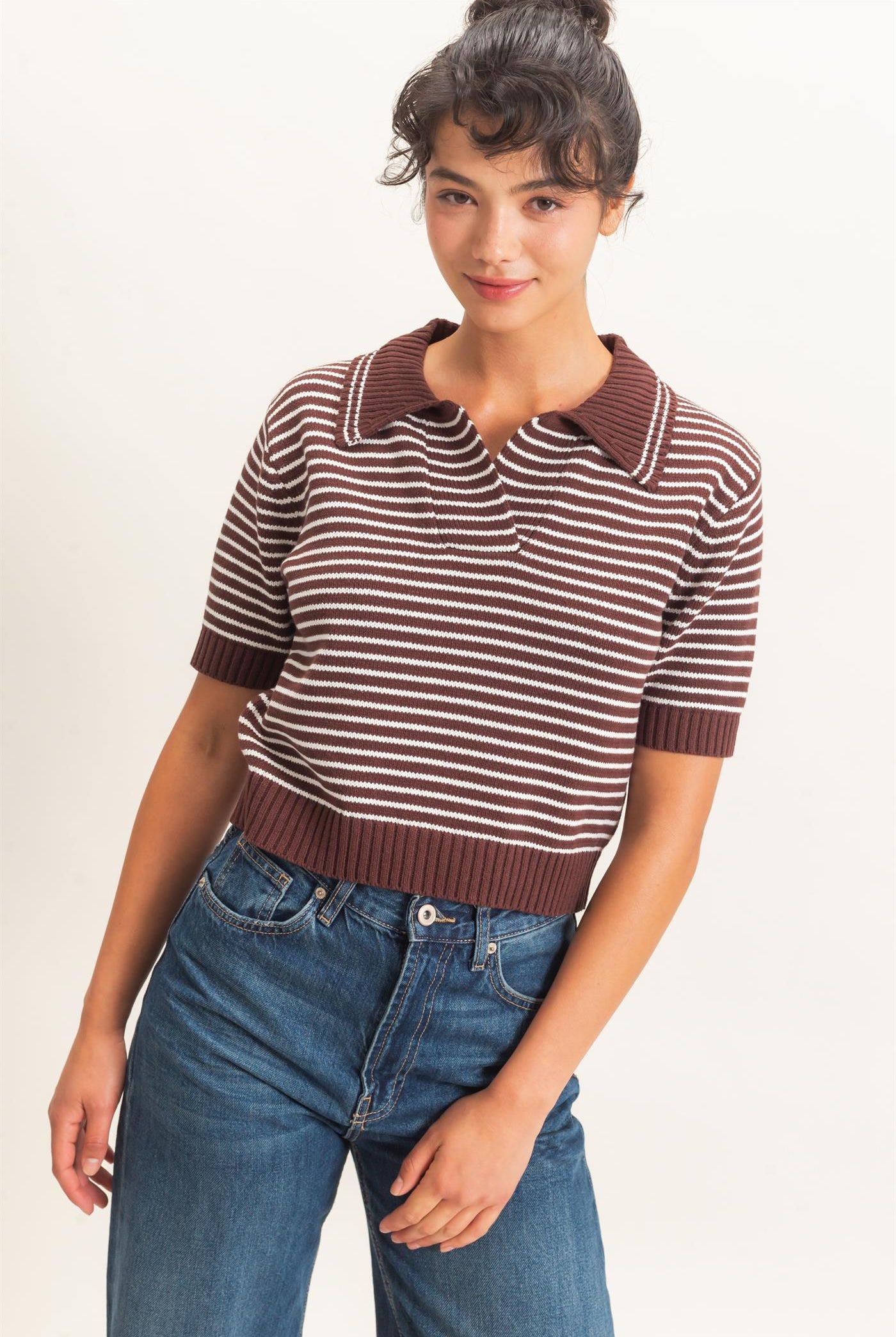 Wholesale Striped Short Sleeve Collar Knit Top Clothing Tops DZ26E261 DARK BROWN DOUBLE ZERO