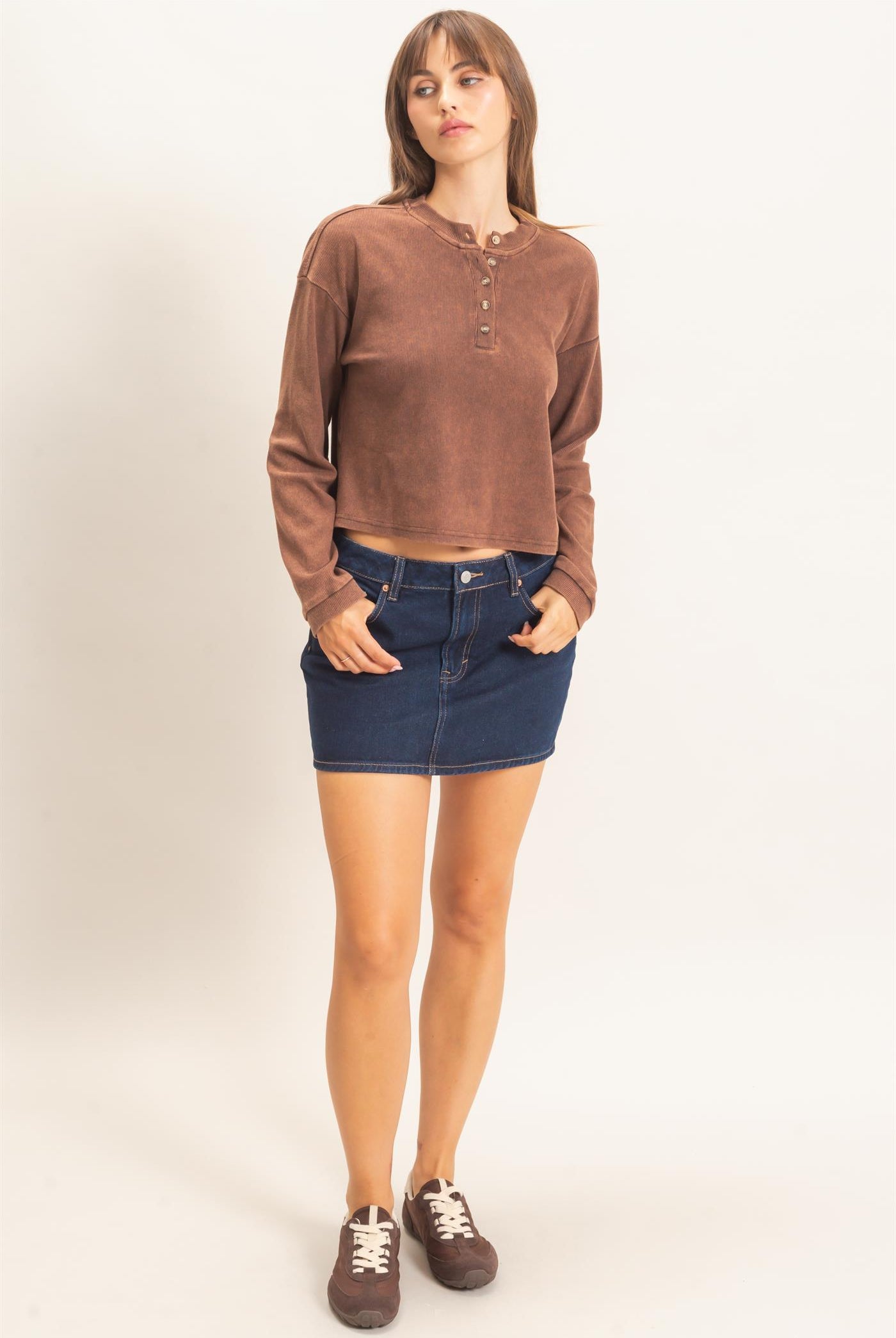 Wholesale Buttoned Henley Top Clothing Tops HF26F081 BROWN HYFVE