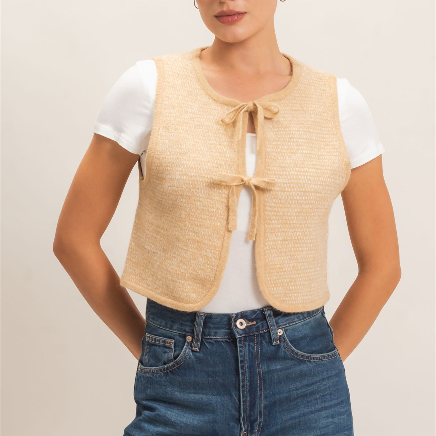 Wholesale Sweater Vest With Front Ties Sweaters HF26E140 TAUPE HYFVE