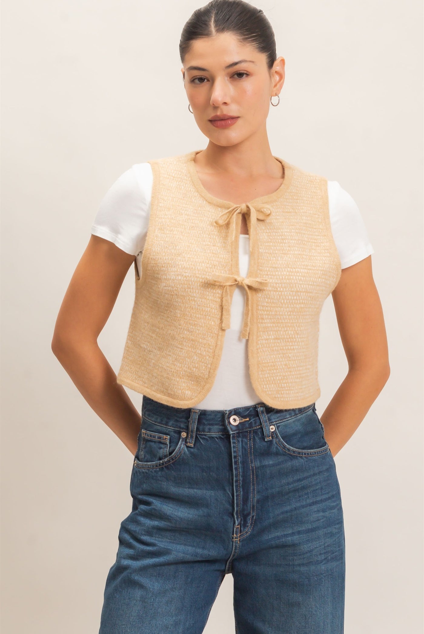 Wholesale Sweater Vest With Front Ties Sweaters HF26E140 TAUPE HYFVE