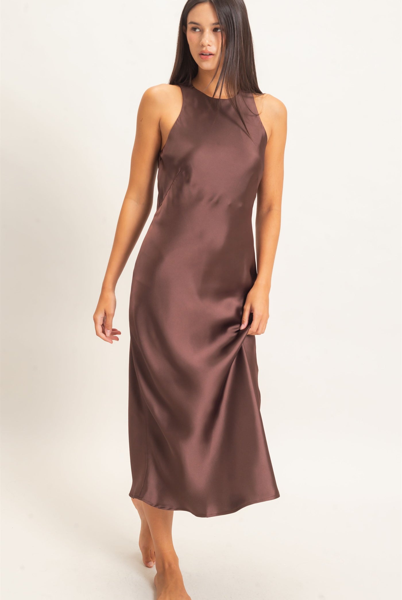 Wholesale Sleeveless Satin Midi Dress Dresses DZ26E257 DARK BROWN DOUBLE ZERO