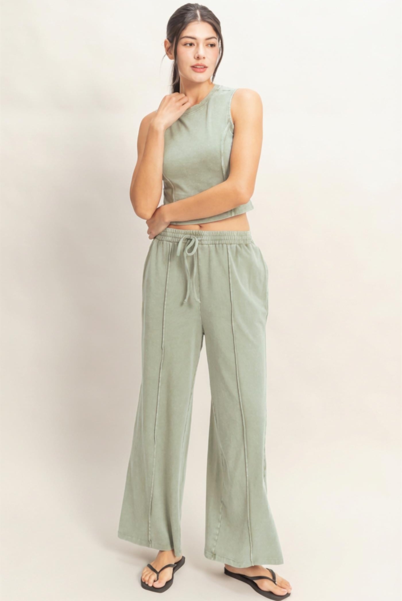 Wholesale Mineral Washed Sleeveless Top & Wide Leg Pants Set Clothing DZ26A371-SET SAGE GREEN DOUBLE ZERO