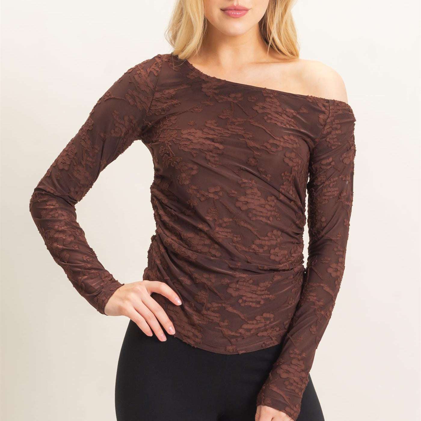 Wholesale Textured Mesh Off-Shoulder Top Blouses HF26F043 BROWN HYFVE