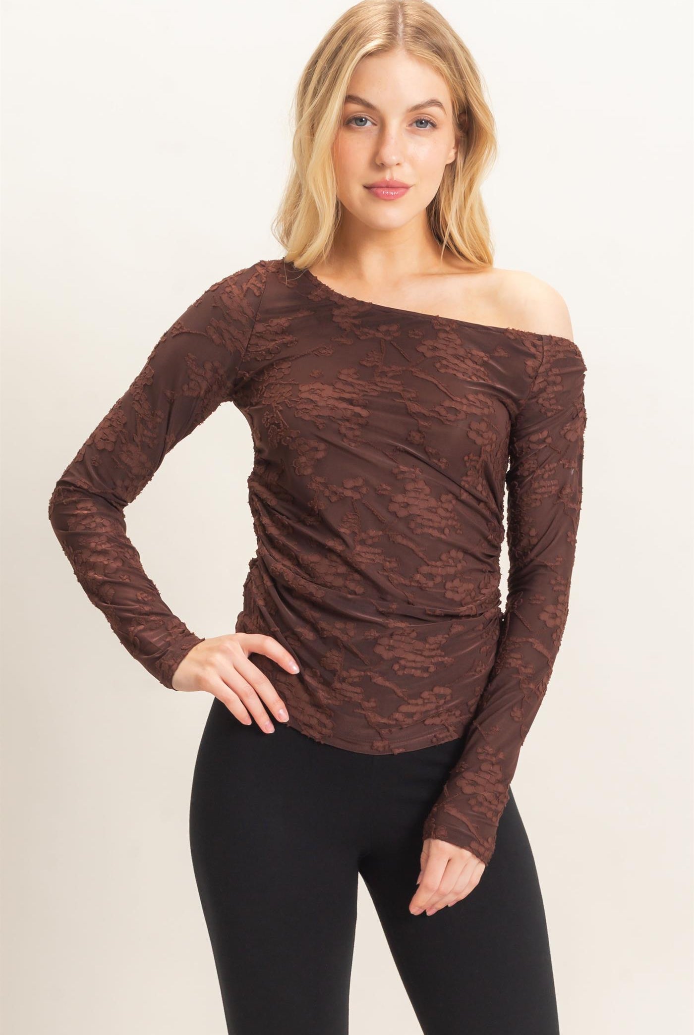 Wholesale Textured Mesh Off-Shoulder Top Blouses HF26F043 BROWN HYFVE