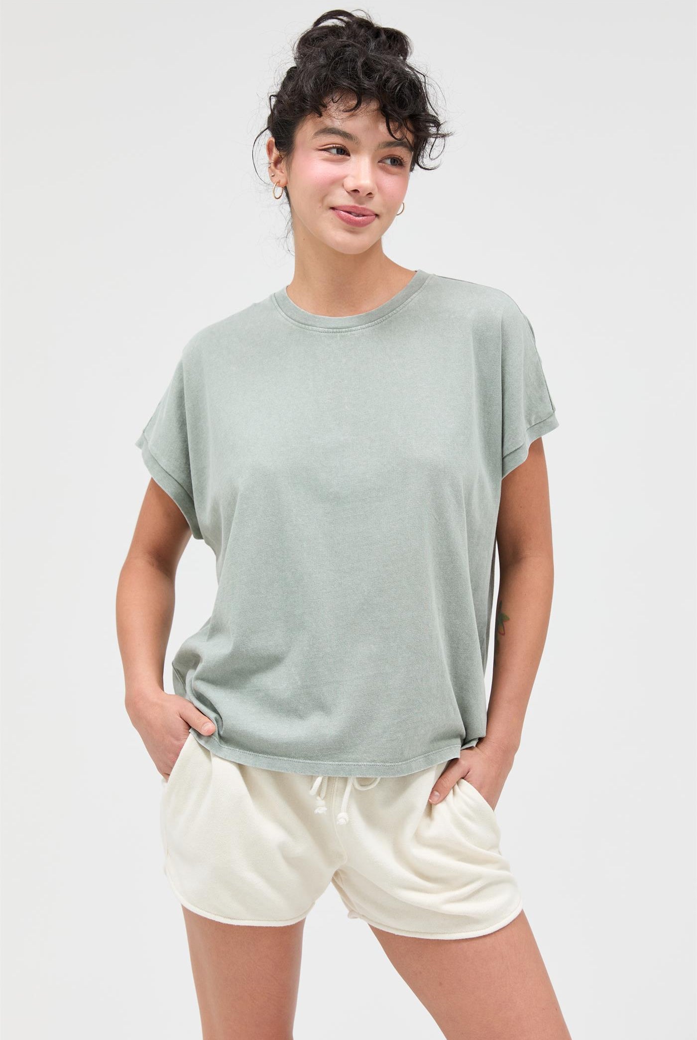 Wholesale Capped Sleeve Mineral Wash T-Shirt T-Shirts DZ26A033 SAGE GREEN DOUBLE ZERO