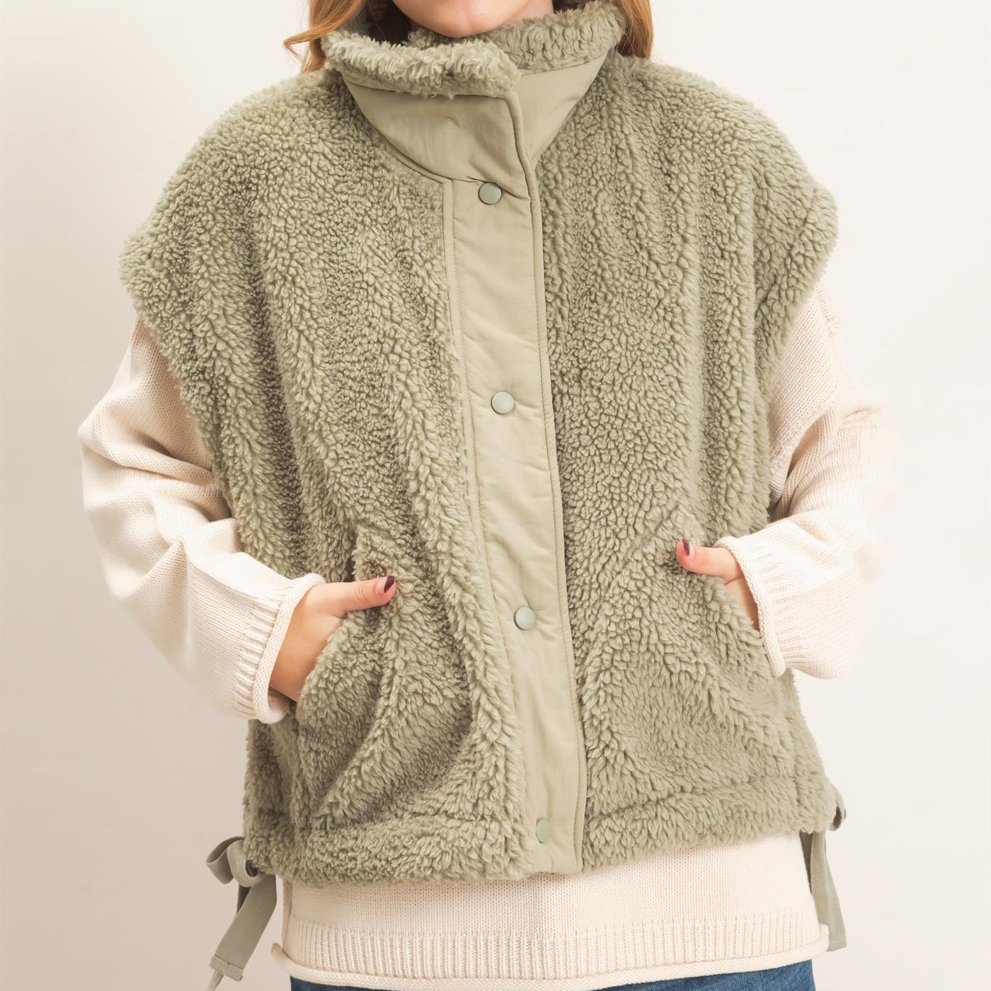Wholesale Sherpa Vest With Snap Closure Outerwear HF26F131-D OLIVE HYFVE